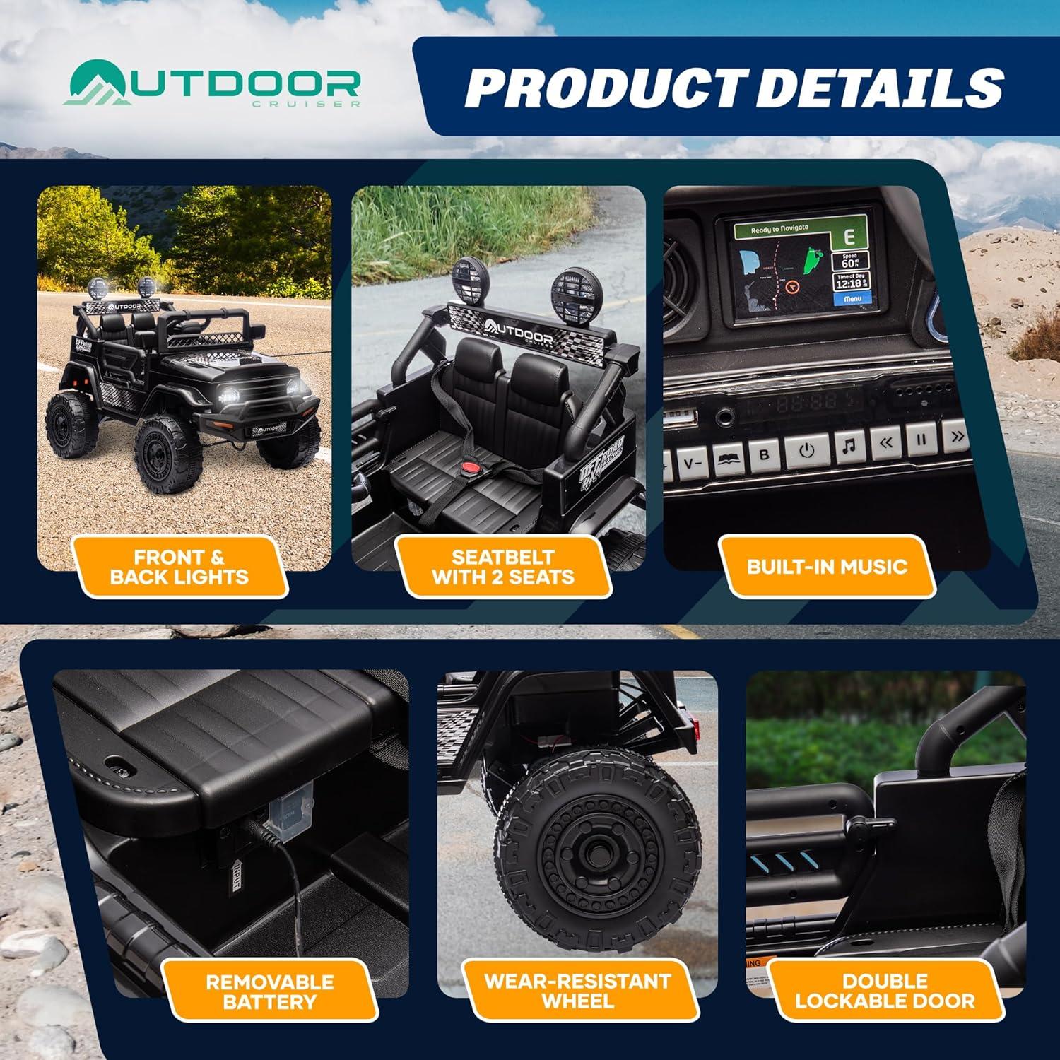 Outdoor Cruise 1 Seater 12V Ride-On Electric Car for Kids - Remote Control Ride-On Jeep Power Wheels, Battery Operated Cars for Ages 5-7 with Parental Control for Safe Adventures - Black