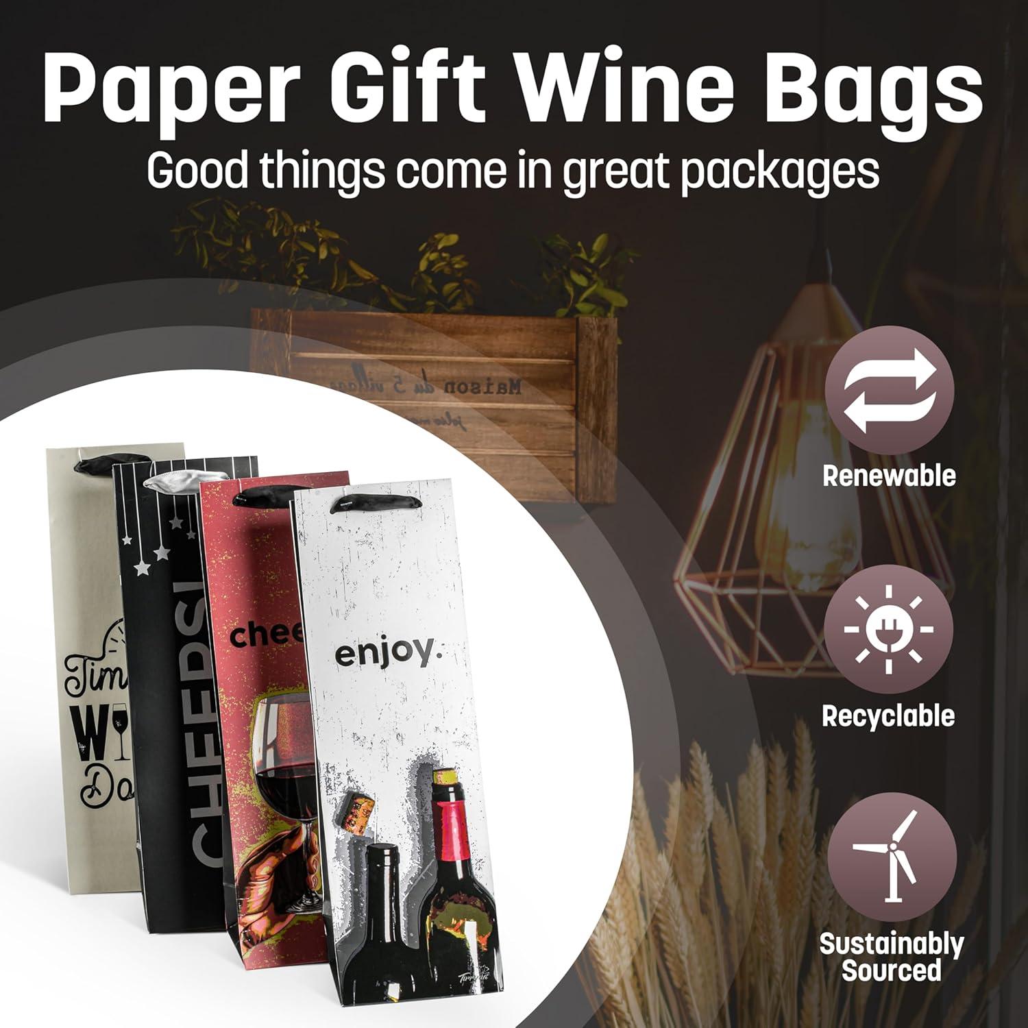 Tirrinia Tirrinia 12 Pieces Wine Gift Bags, 4 Designs Silk Handles Recyclable Paper Wine Bottle Bags