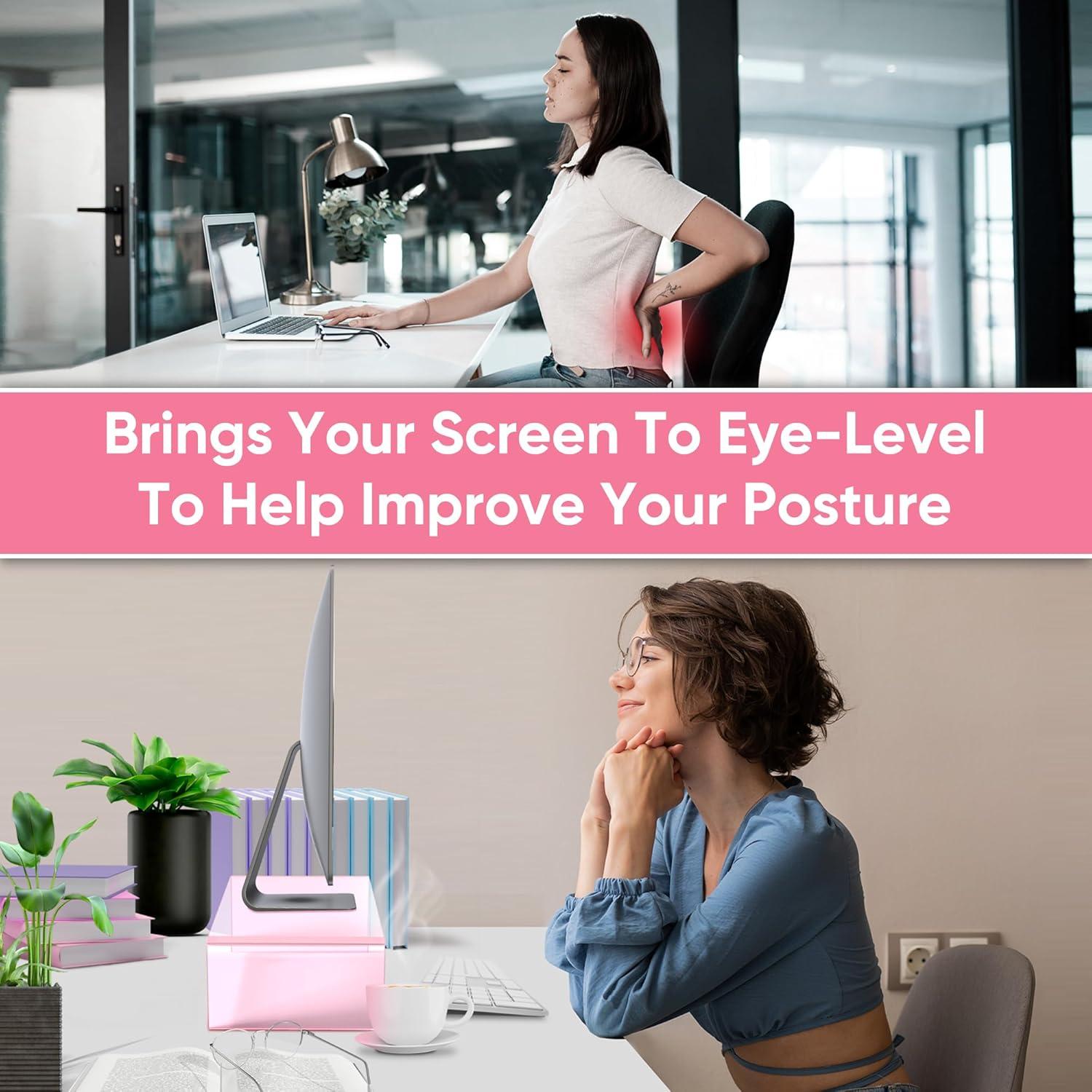 NovaMode Acrylic Monitor Stand - Ergonomic Desk Riser for Better Posture, Stylish & Modern Desktop Organizer, Computer Desk Stand for Monitors & Laptop - Perfect for Valentine's Day - Light Pink