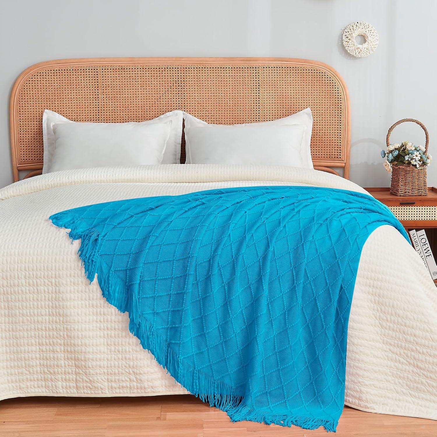 Teal Wool Knitted Lightweight Throw Blanket with Tassels