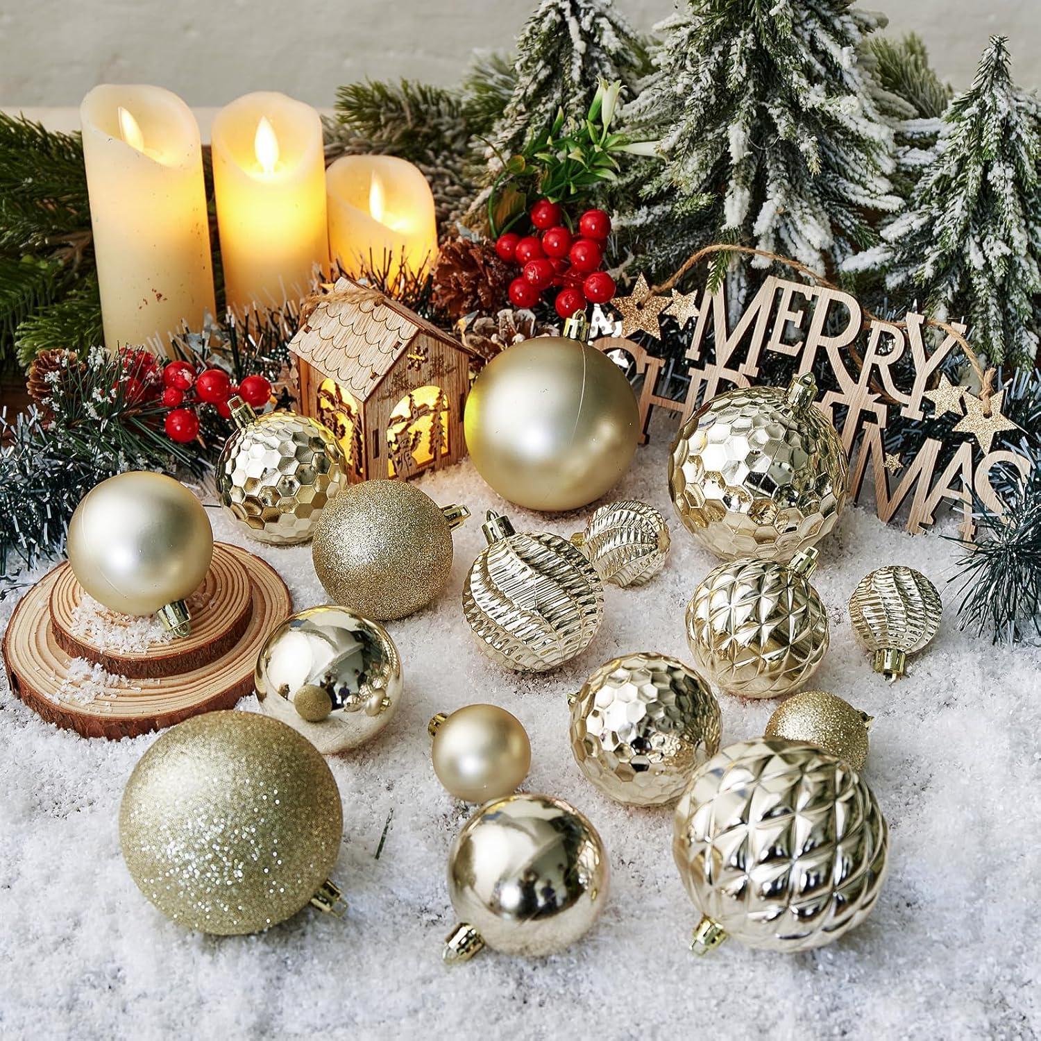 Champagne Gold Shatterproof Plastic Christmas Ornaments Set