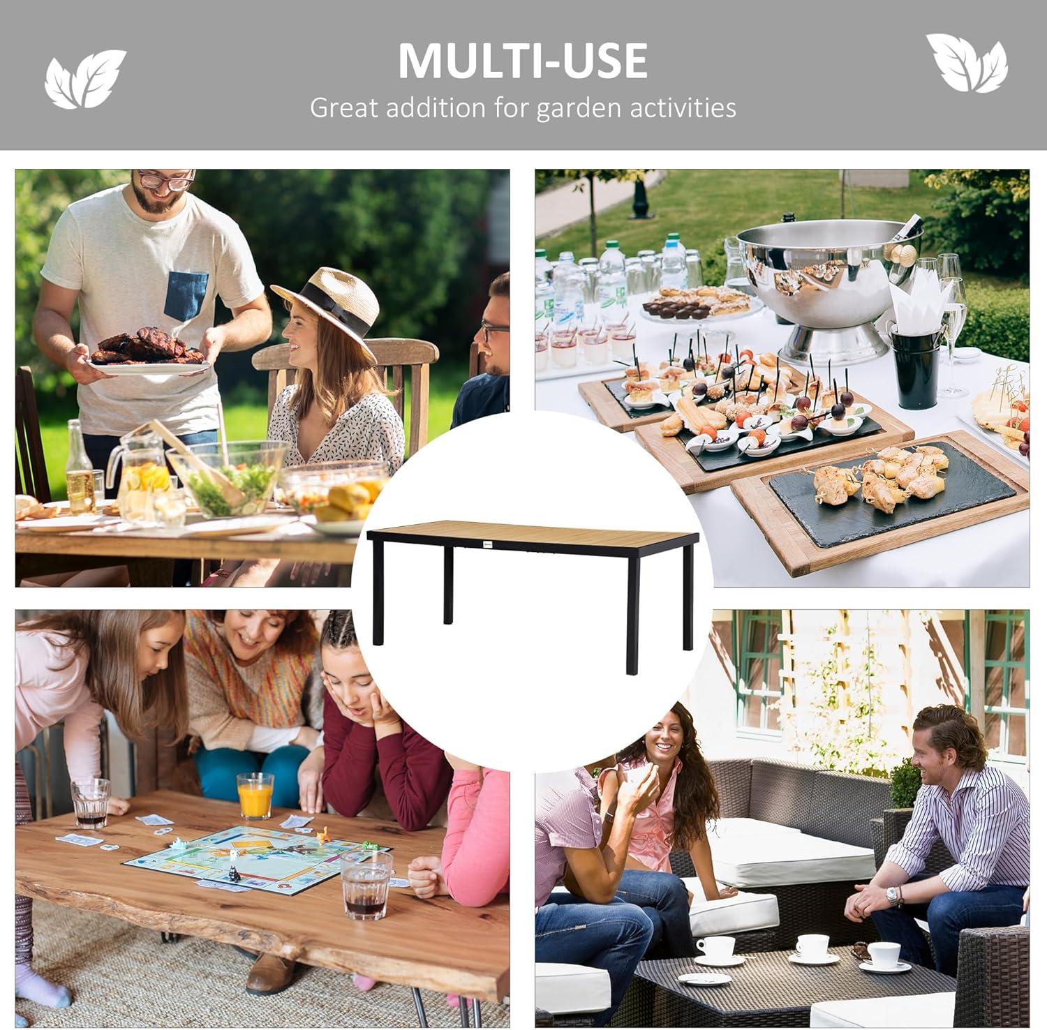 Outsunny 75" x 35" Outdoor Dining Table for 8 People, Rectangular Aluminum Frame Garden Table with All-Weather Faux Wood Top for Garden, Lawn, Patio, Natural