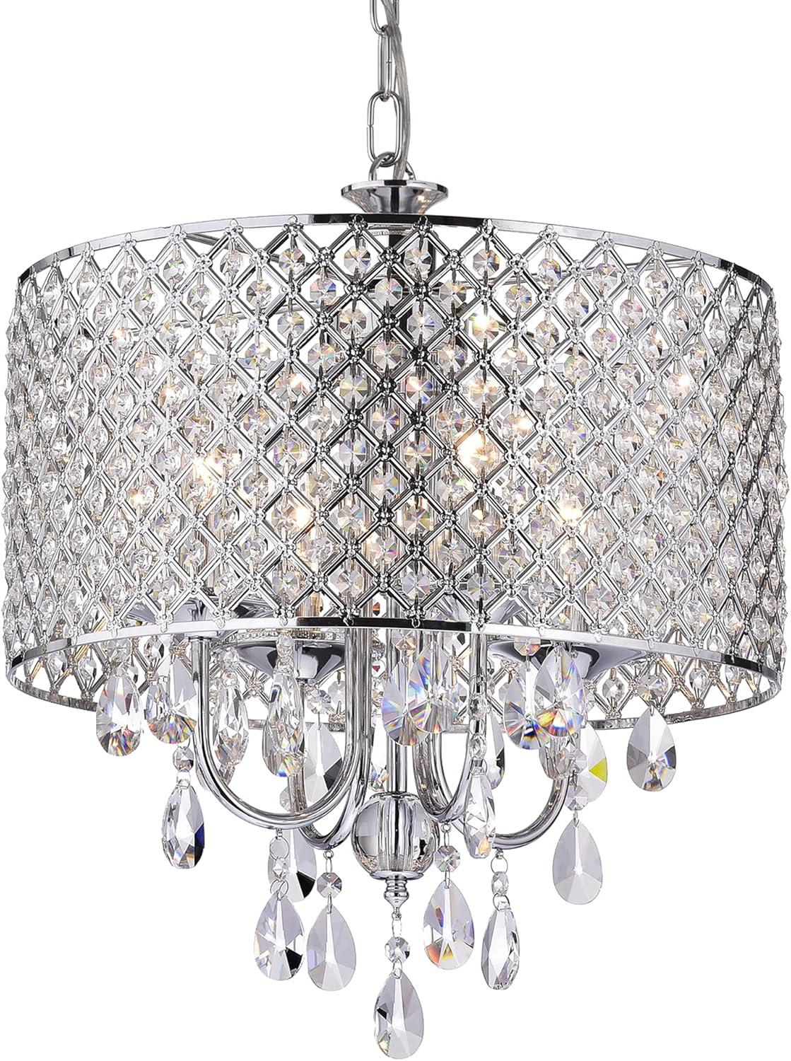 Chrome and Crystal 4-Light Drum Chandelier with Beaded Shade