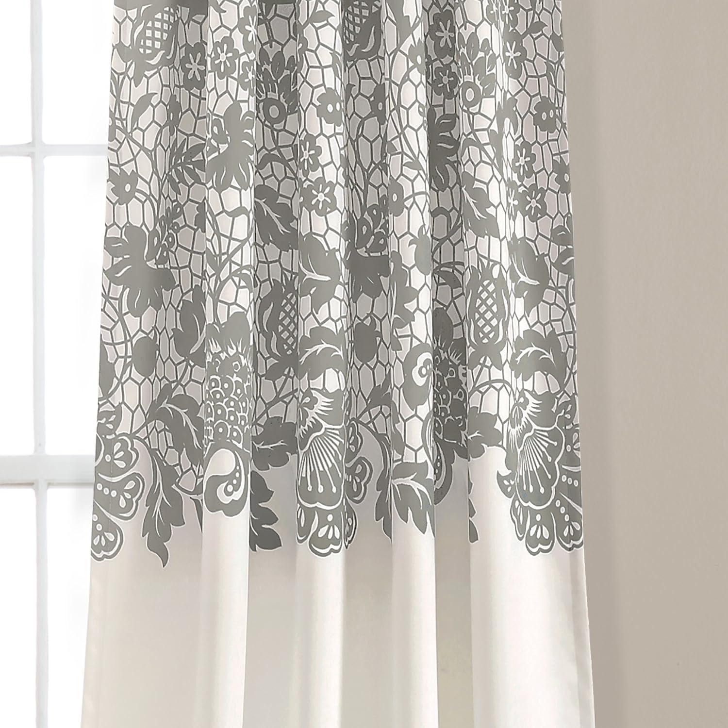 Gray and White Floral Blackout Polyester Extra Long Drapes