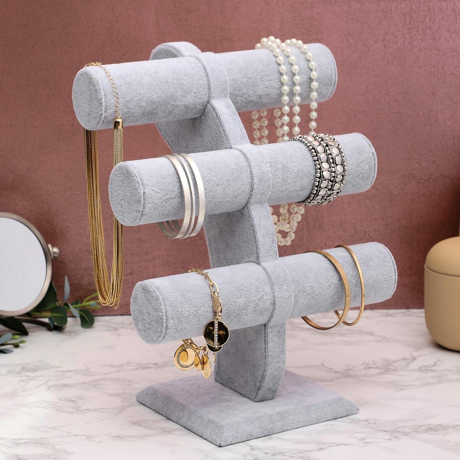 Juvale Velvet 3-Tier Jewelry Holder for Necklaces and Bracelets - Organizer Tower and Display for Selling (Gray)