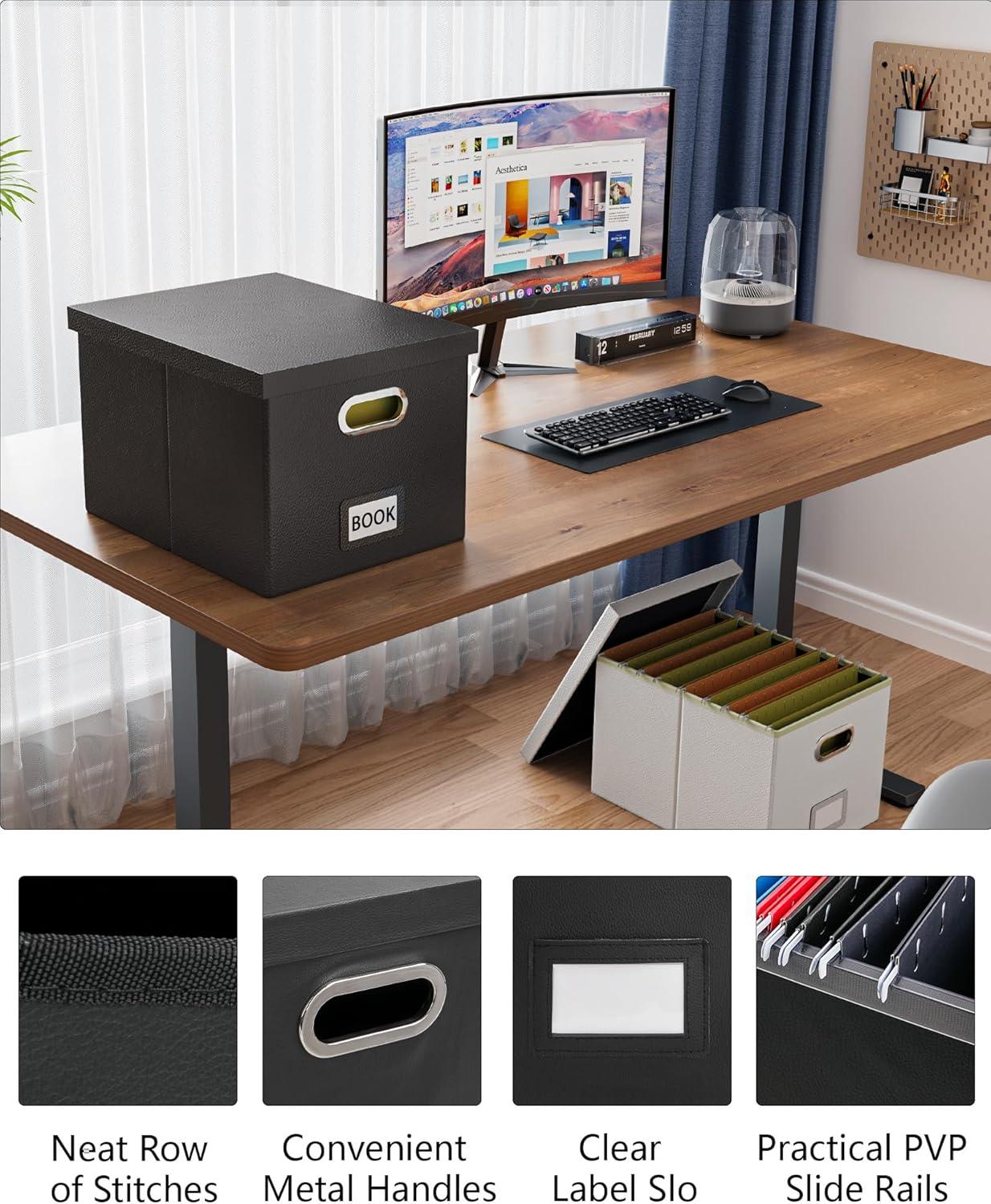 Gijjgole Collapsible Faux Leather Hanging File Folder Box Organizer with lid and Plastic Slides, Black