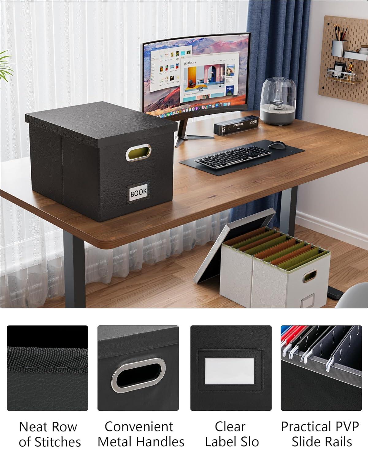 Gijjgole Collapsible Faux Leather Hanging File Folder Box Organizer with lid and Plastic Slides, Black