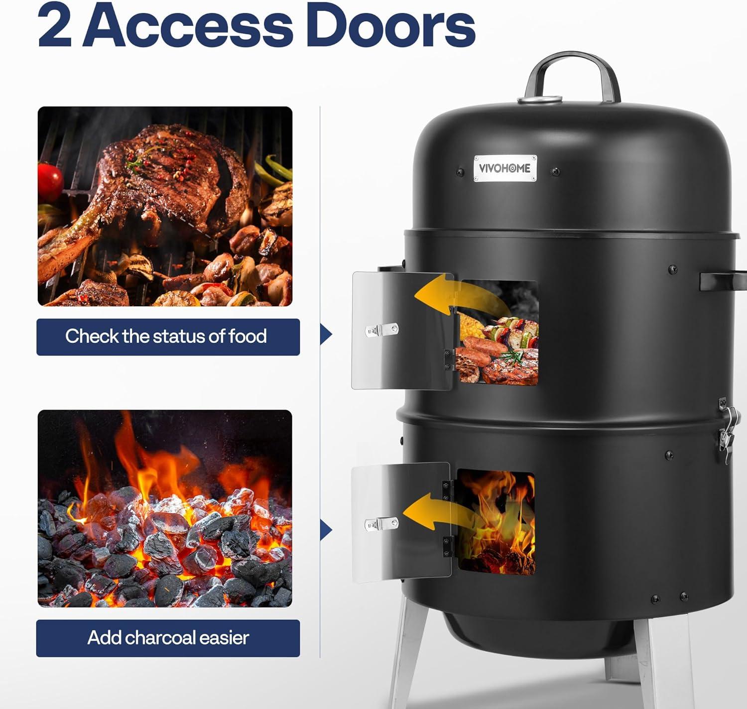 3-in-1 Vertical Charcoal Grill, Outdoor BBQ Charcoal Smoker with Built-in Thermometer, Air Vent, and 2 Access Doors, Perfect for Camping, Picnics, Backyard BBQs, and Tailgating Parties