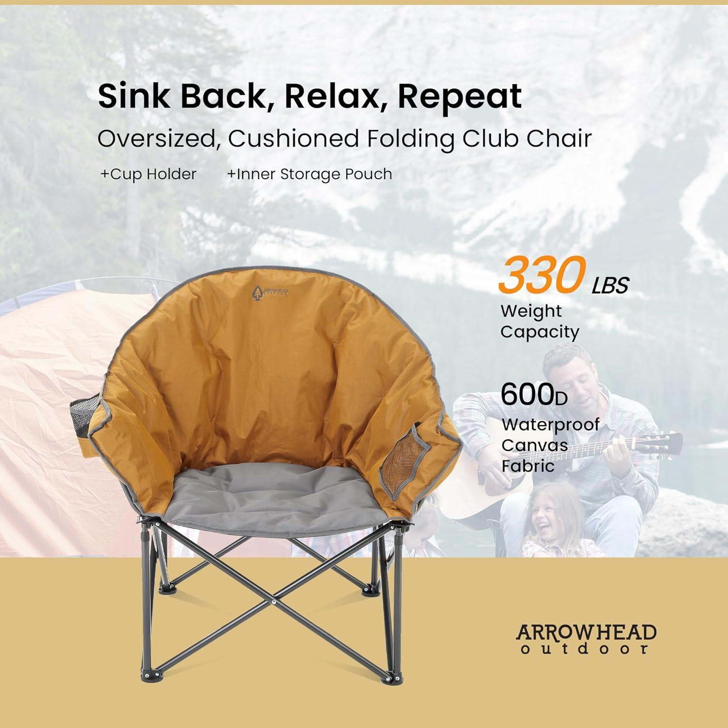 Arrowhead Outdoor Oversized Heavy-Duty Club Folding Camping Chair w/External Pocket, Cup Holder, Portable, Padded, Moon, Round, Bag (Workwear Tan)