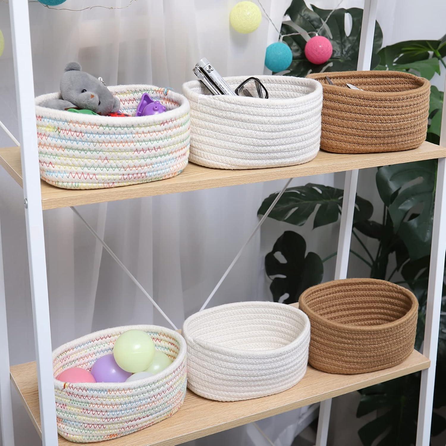 【2 Pack】 ABenkle Small Storage Baskets, Natural Cotton Rope Woven Baskets for Organizing, Tiny Oval Storage Easter Baskets, Toy Baskets, Bathroom Organization Bin, Baskets for Mother's Day Gifts