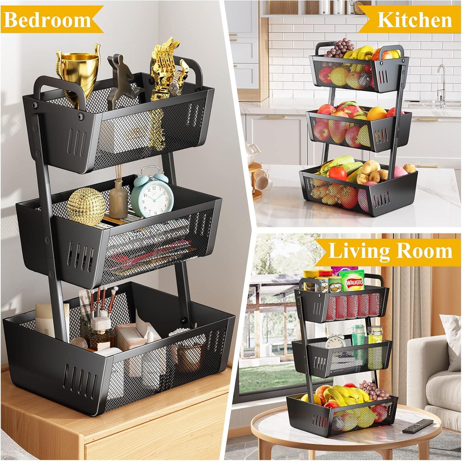 Black Metal 3-Tier Fruit and Vegetable Storage Basket