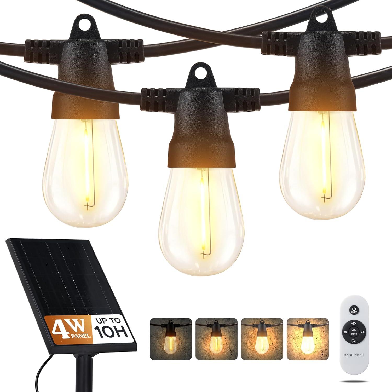Brightech Ambience Pro Super Bright Solar - 27Ft Remote Control Outdoor String Lights with 12 Shatterproof S14 Bulbs, Commercial Grade LED, Waterproof Patio Lights, 4W Soft White for Patios, Gardens