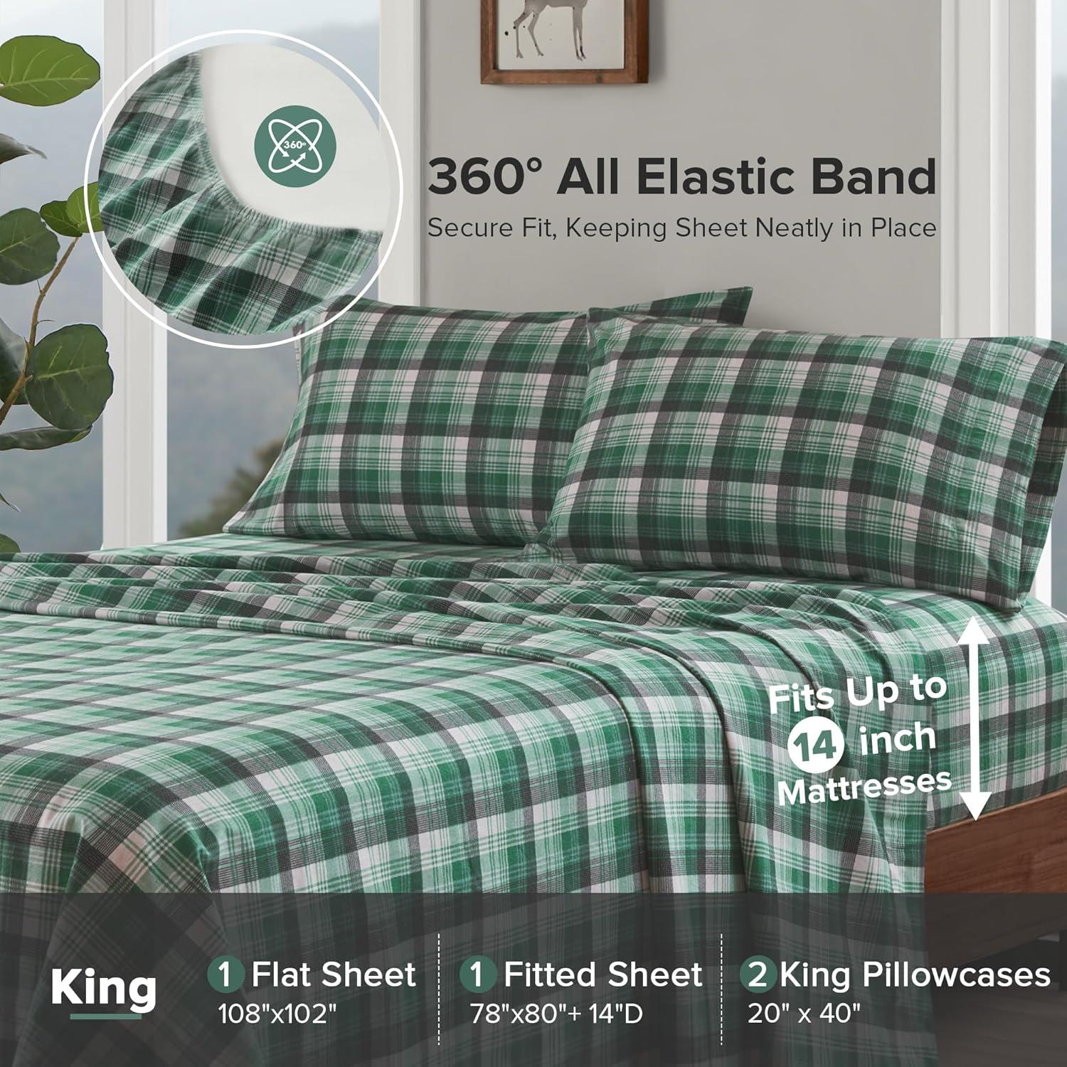 King Patterned Flannel Sheet Set Green Plaid
