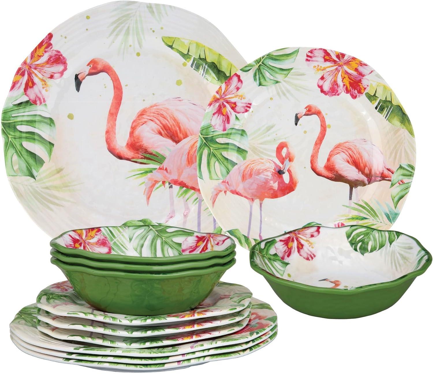 UPware 12 Piece Flamingo Melamine Dinnerware Sets, Outdoor Dishes Set, Plates and Bowls Sets, Service for 4, Multicolor