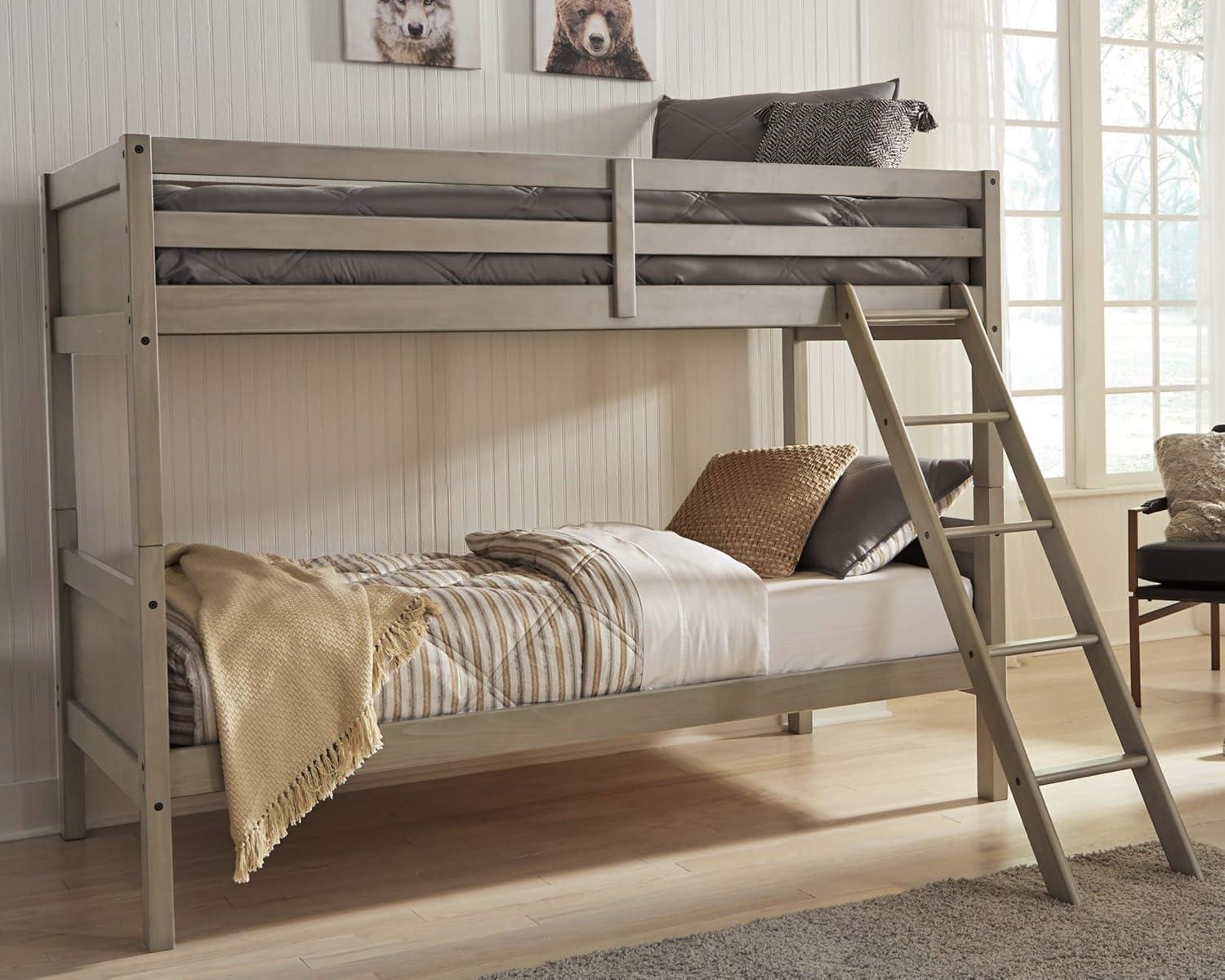 Light Gray Twin Over Twin Wood Bunk Bed with Ladder