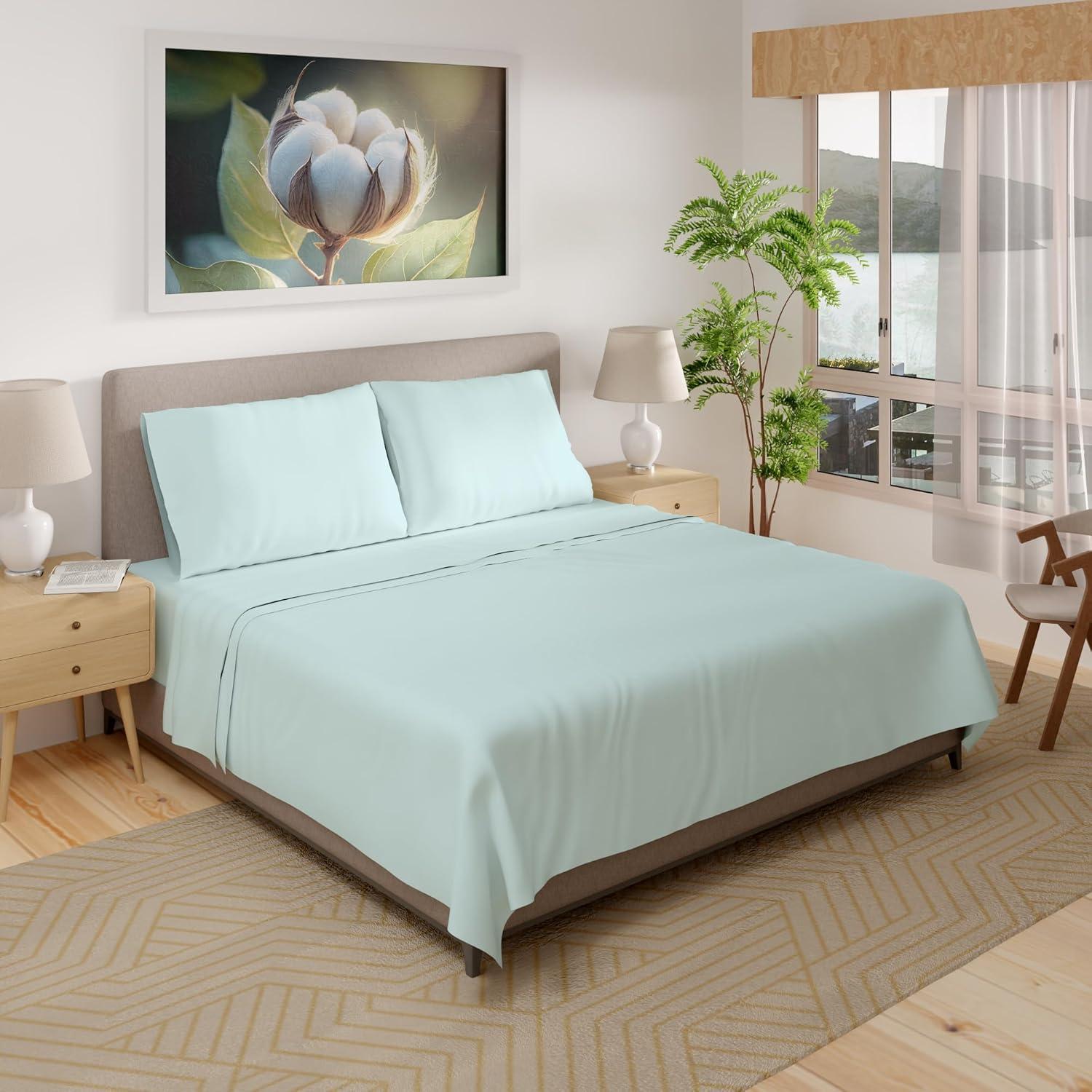 Purity Home Twin 300 Thread Count Organic Cotton Brushed Percale Sheet Set Aqua: GOTS Certified, Deep Pocket, OEKO-TEX Standard