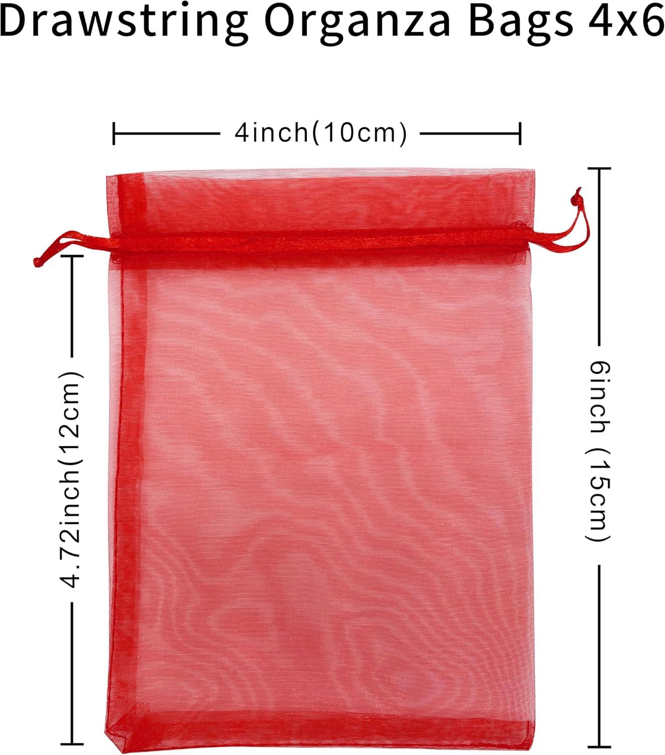 100PCS 4x6inch (10x15cm) Drawstring Organza Jewelry Favor Pouches Wedding Party Festival Gift Bags Candy Bags (Red)