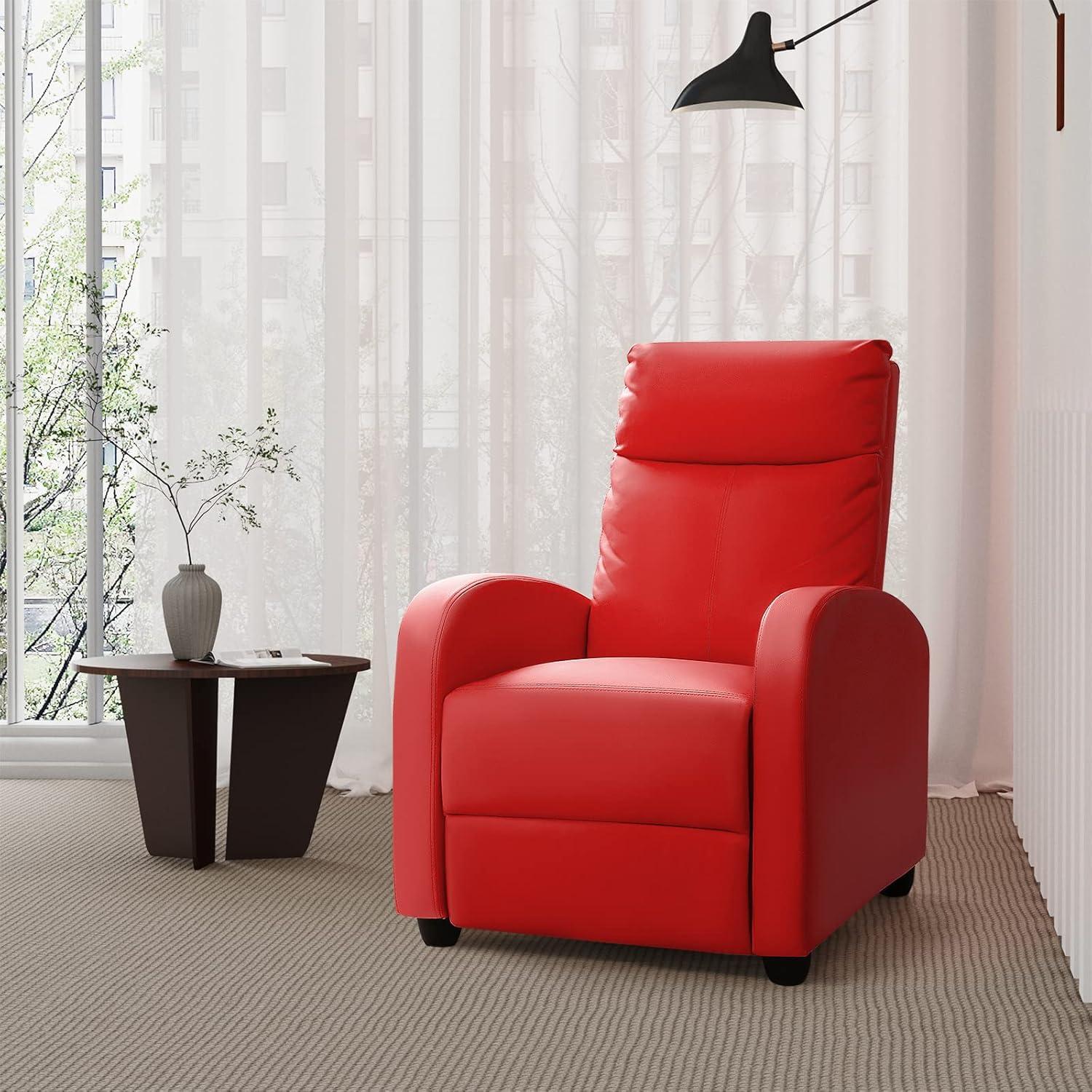 Red Faux Leather Recliner with Wood Frame