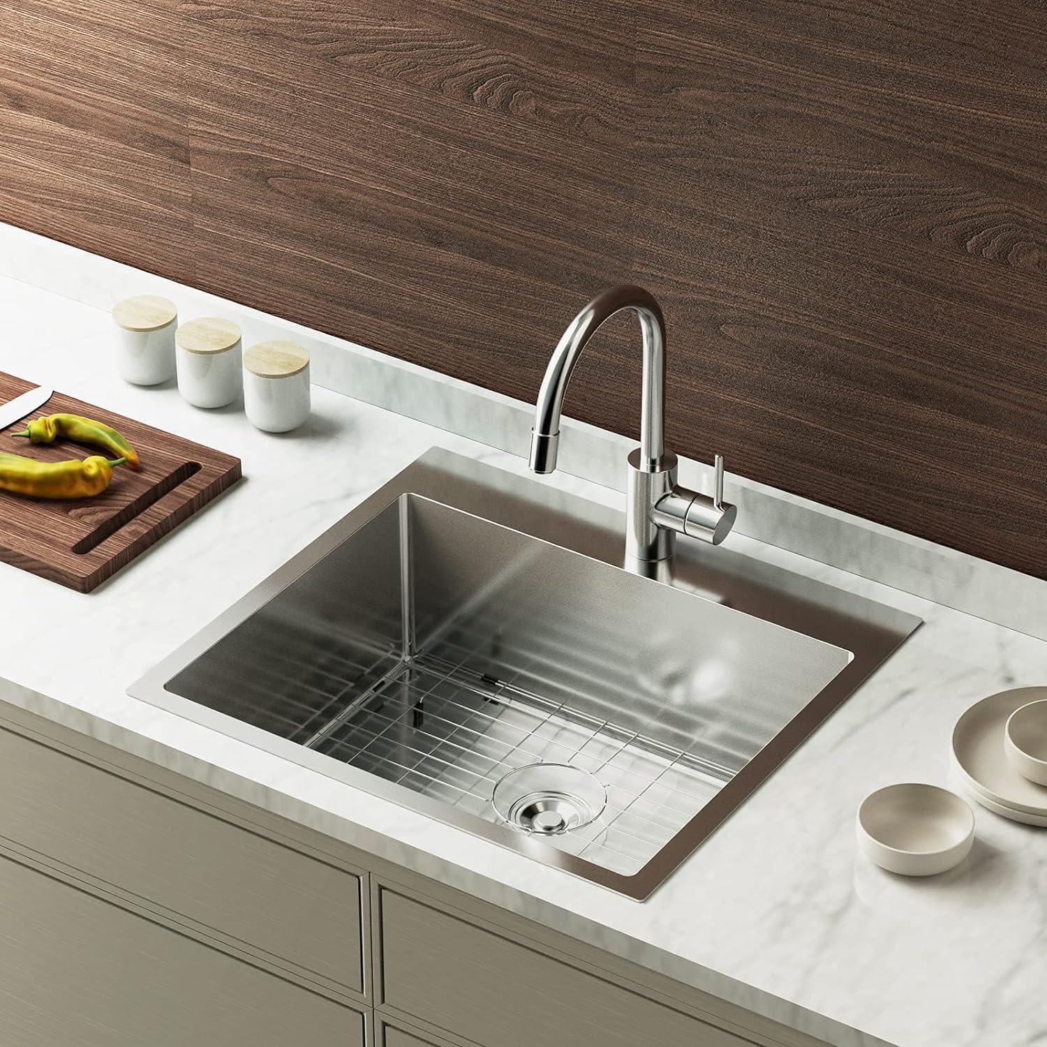 Polished Stainless Steel Farmhouse Drop-In Kitchen Sink, 23 Inches