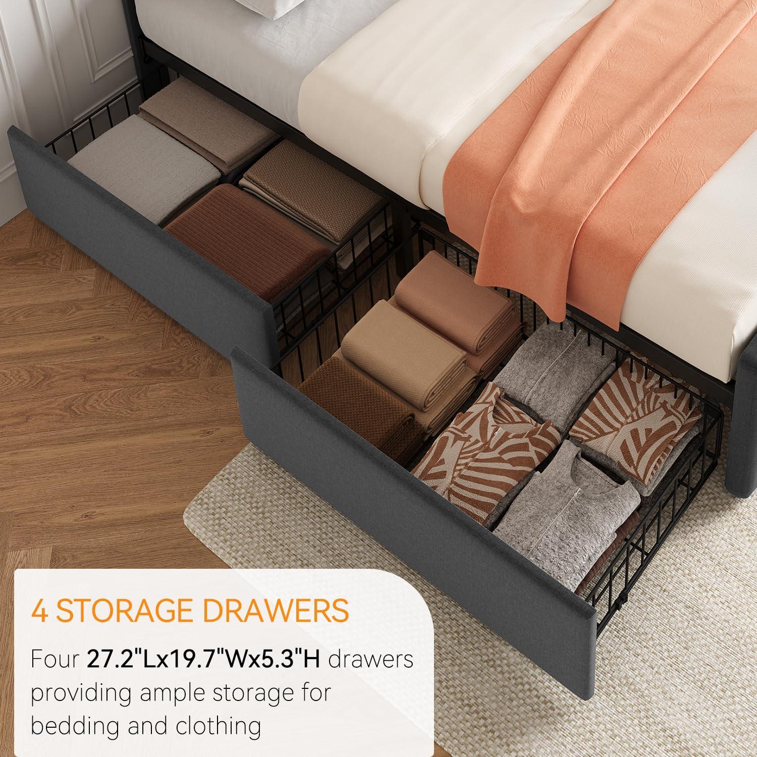GAOMON Queen Size Bed Frame with 4 Storage Drawers and Headboard, Linen Upholstered Platform Bed Frame with Wooden Slats Support, Button Tufted Design, No Box Spring Needed, Dark Grey