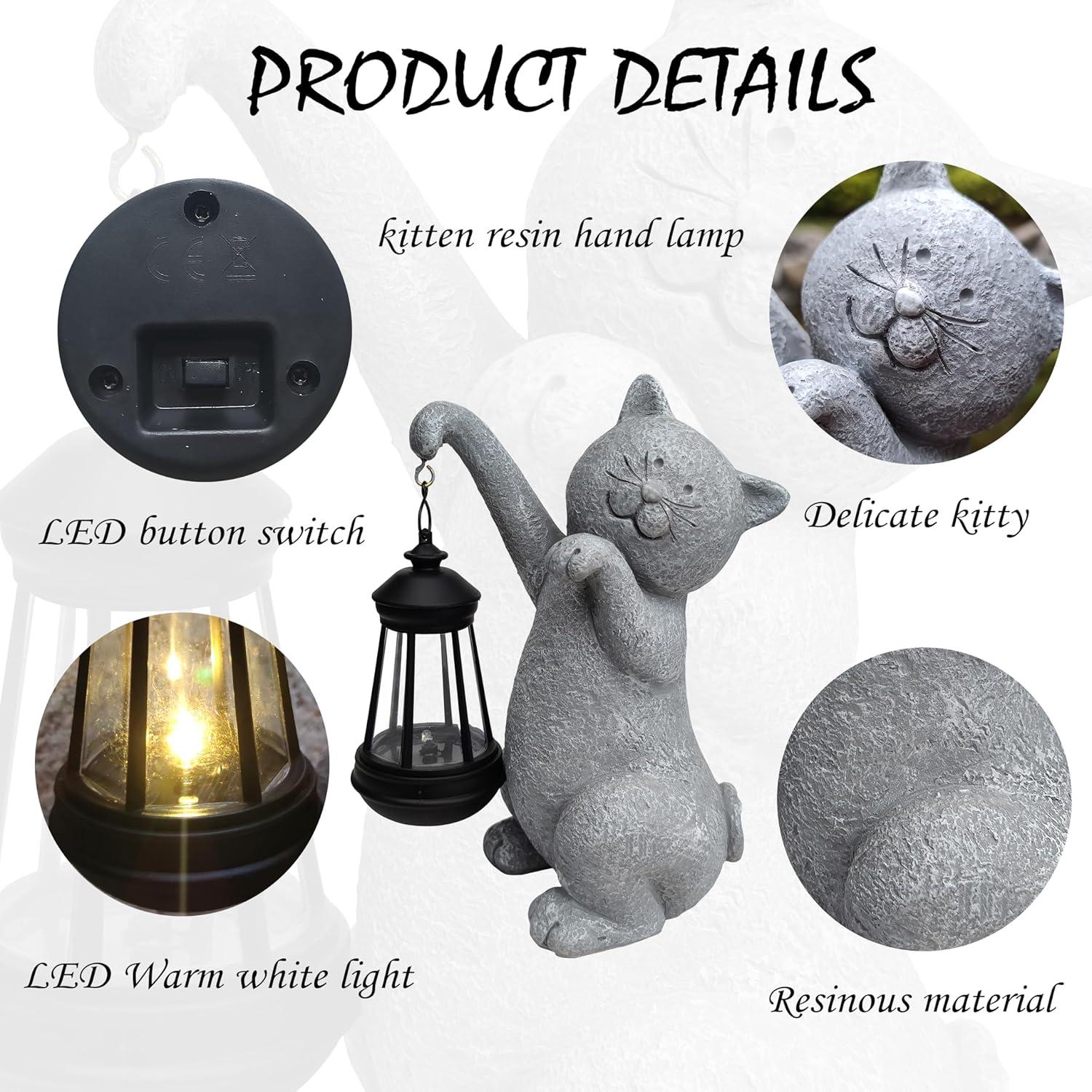 Cat Solar Garden Statues,Resin Cat Figurine Decorations with Solar Lights Lantern, Outdoor，Statue Decor Art for Lawn,Yard,Unique Housewarming Gift for Garden Home