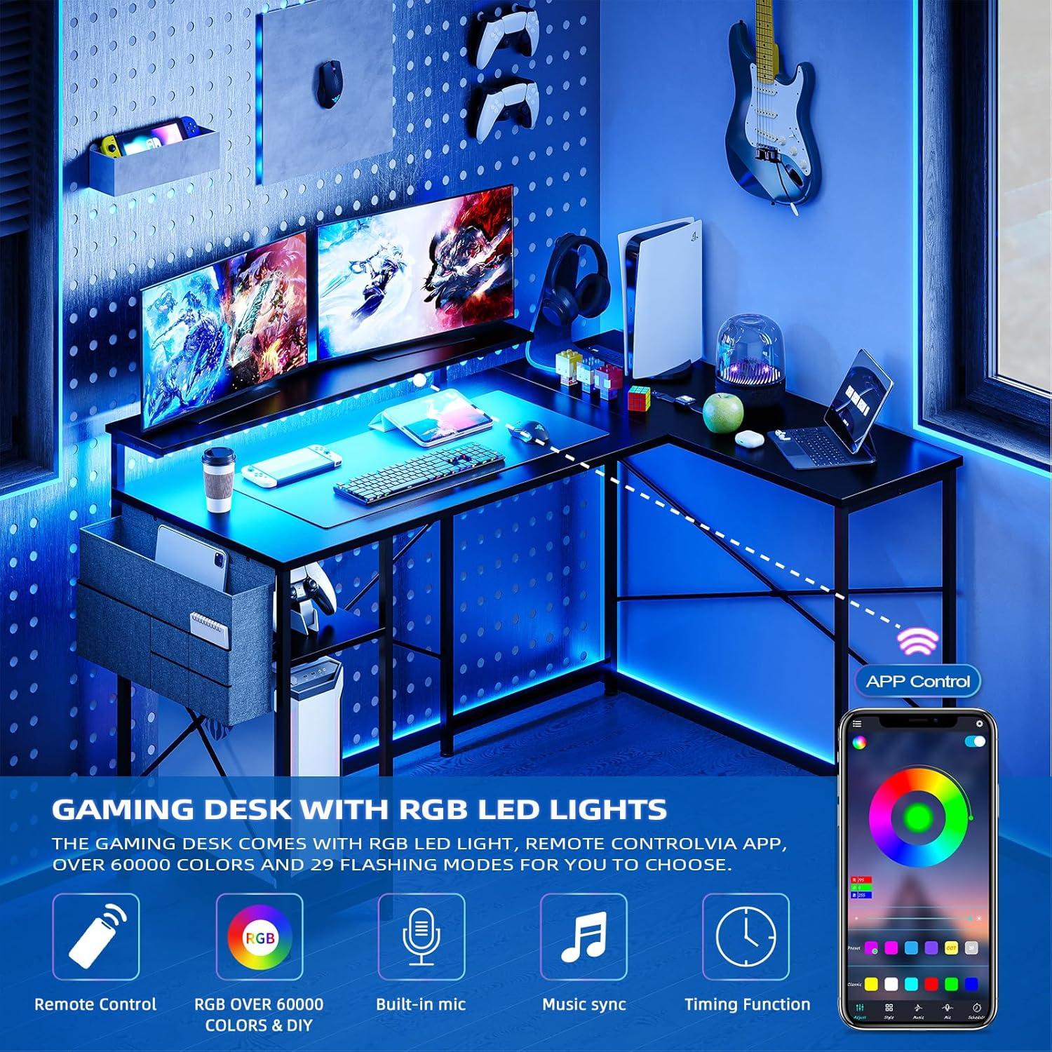 Danolapsi L Shaped Computer Gaming Desk with Power Outlet & LED Light,54 Inch Reversible Modern Office Corner Computer Desk,Corner Desk Home Office Desk with USB Charging Port & Storage Bag