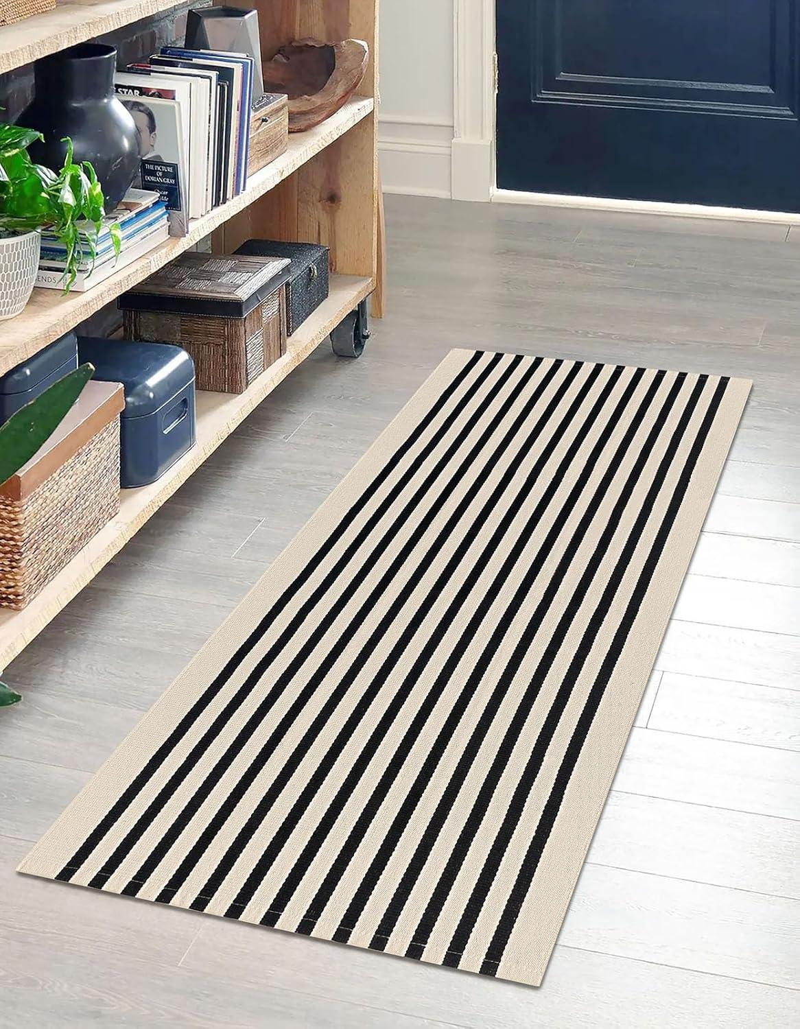 IOHOUZE Navy and White Striped Rug 2'x3' Front Door Rugs, Small Washable Area Rug for Front Porch, Spring Summer Doormats Outdoor Indoor, Cotton Rugs for Entryway Porch Entrance