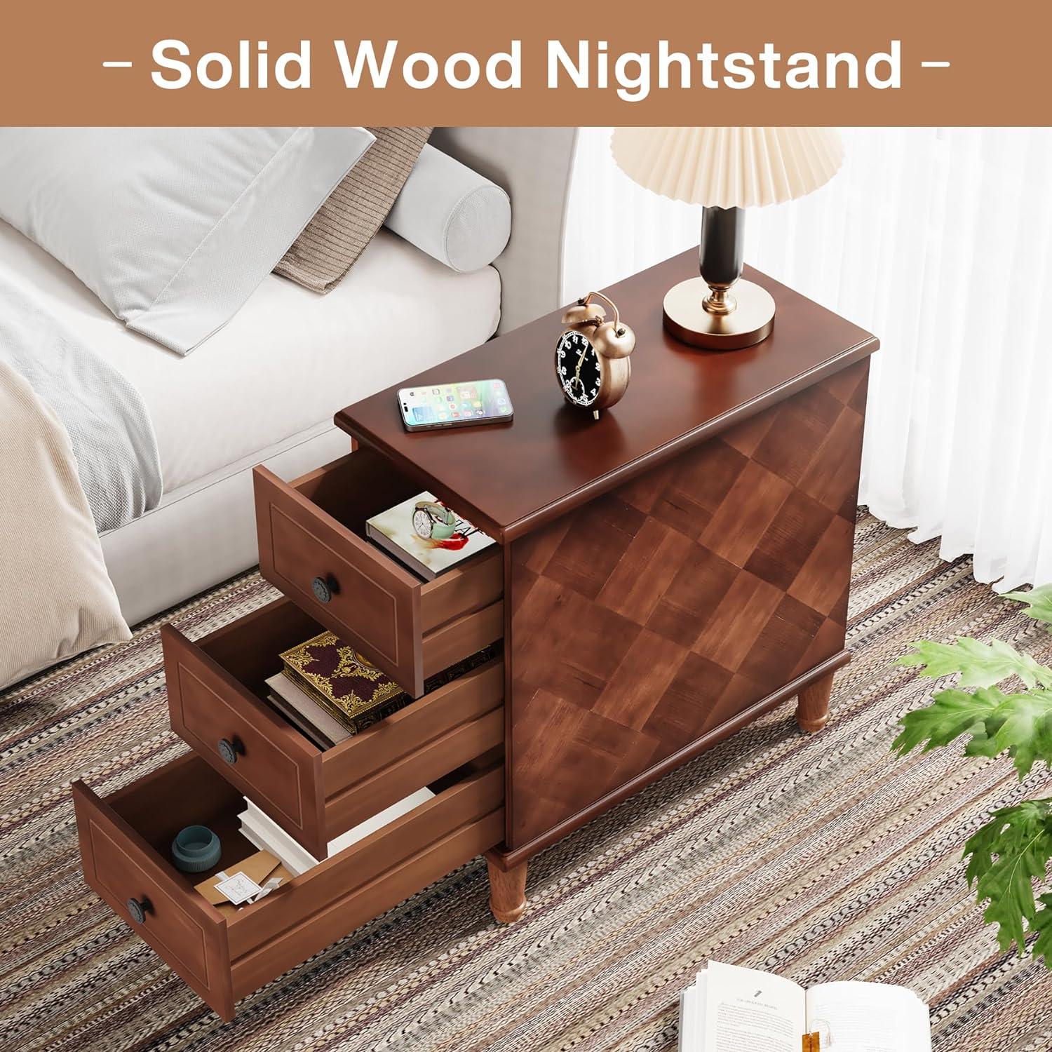 Hokku Designs Solid Wood End Table, Fully Assembled Narrow Side Table With Drawers, Pre-Assembled Nightstand Slim Bedside Table For Small Spaces, Living Room, Bedroom, Brown
