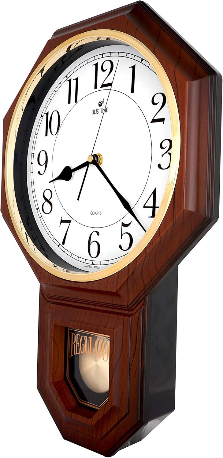JUSTIME Traditional Schoolhouse Classic Vintage Arabic Regulator Wall Clock, Chiming Wall Clocks with Pendulum & Westminster Chime Hourly, Schoolhouse Wall Decor Battery Operated (Dark Wood Grain)