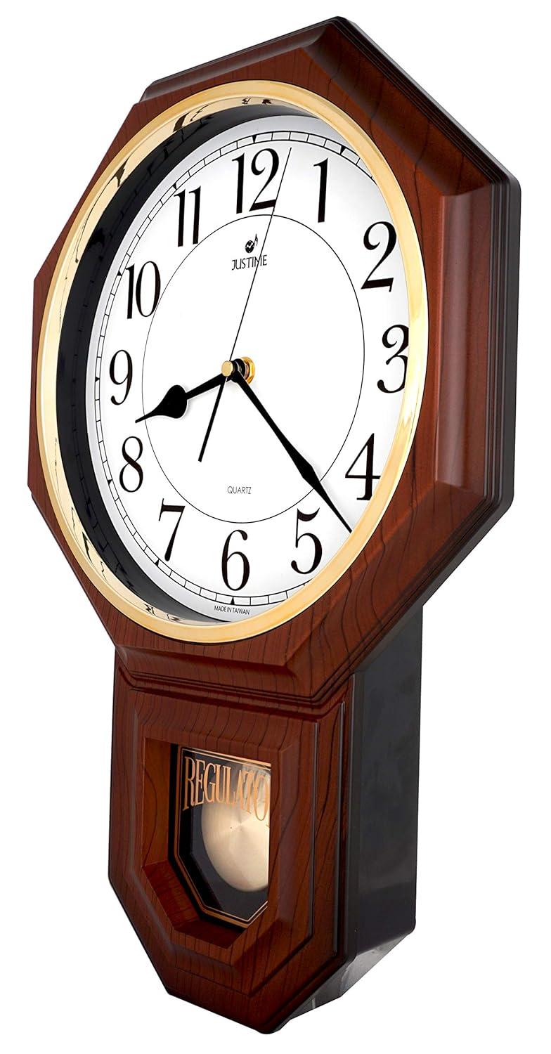 JUSTIME Traditional Schoolhouse Classic Vintage Arabic Regulator Wall Clock, Chiming Wall Clocks with Pendulum & Westminster Chime Hourly, Schoolhouse Wall Decor Battery Operated (Dark Wood Grain)
