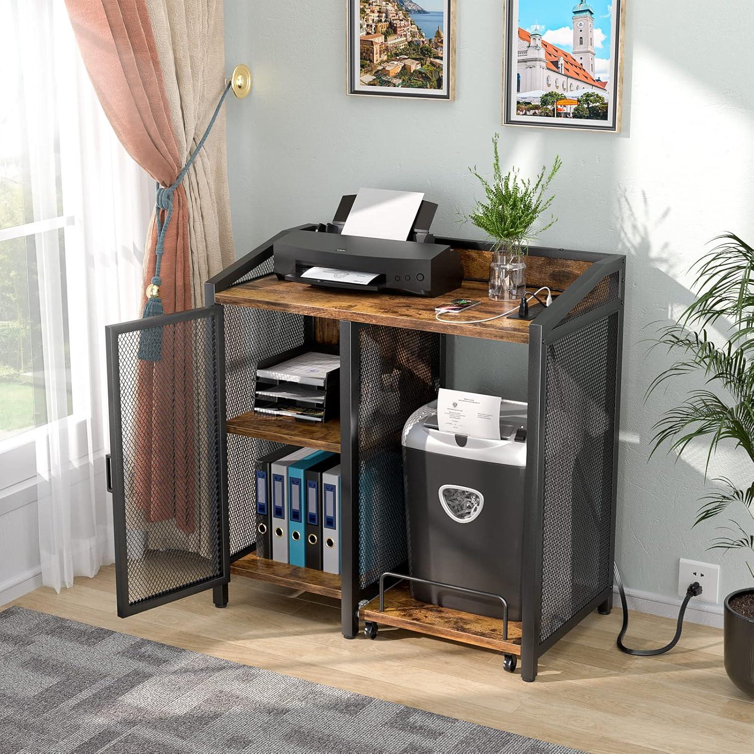 Rustic Brown 3-Tier Office Filing Cabinet with USB Ports