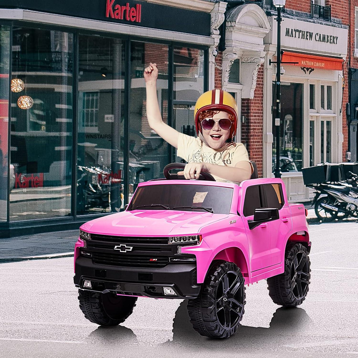 Jojoka 12V Licensed Chevrolet Silverado GMC Ride on Truck Car for Kids Battery Powered Electric Toys Vehicles with Remote Control, LED Light, Bluetooth, Spring Suspension, for 3-8 Years Old, Pink