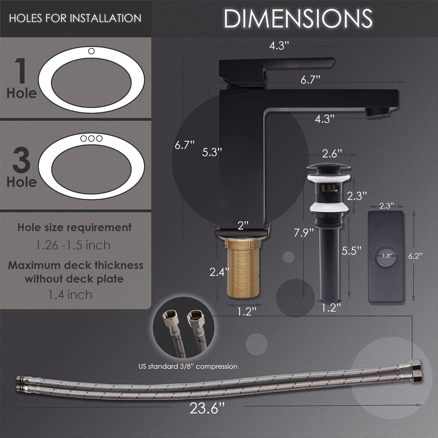 Matte Black Single Handle Bathroom Sink Faucet, Stainless Steel Bathroom Faucet with cUPC Certified Water Supply Hoses, Commercial Vanity Faucet Modern Single Hole RV Bathroom Faucets