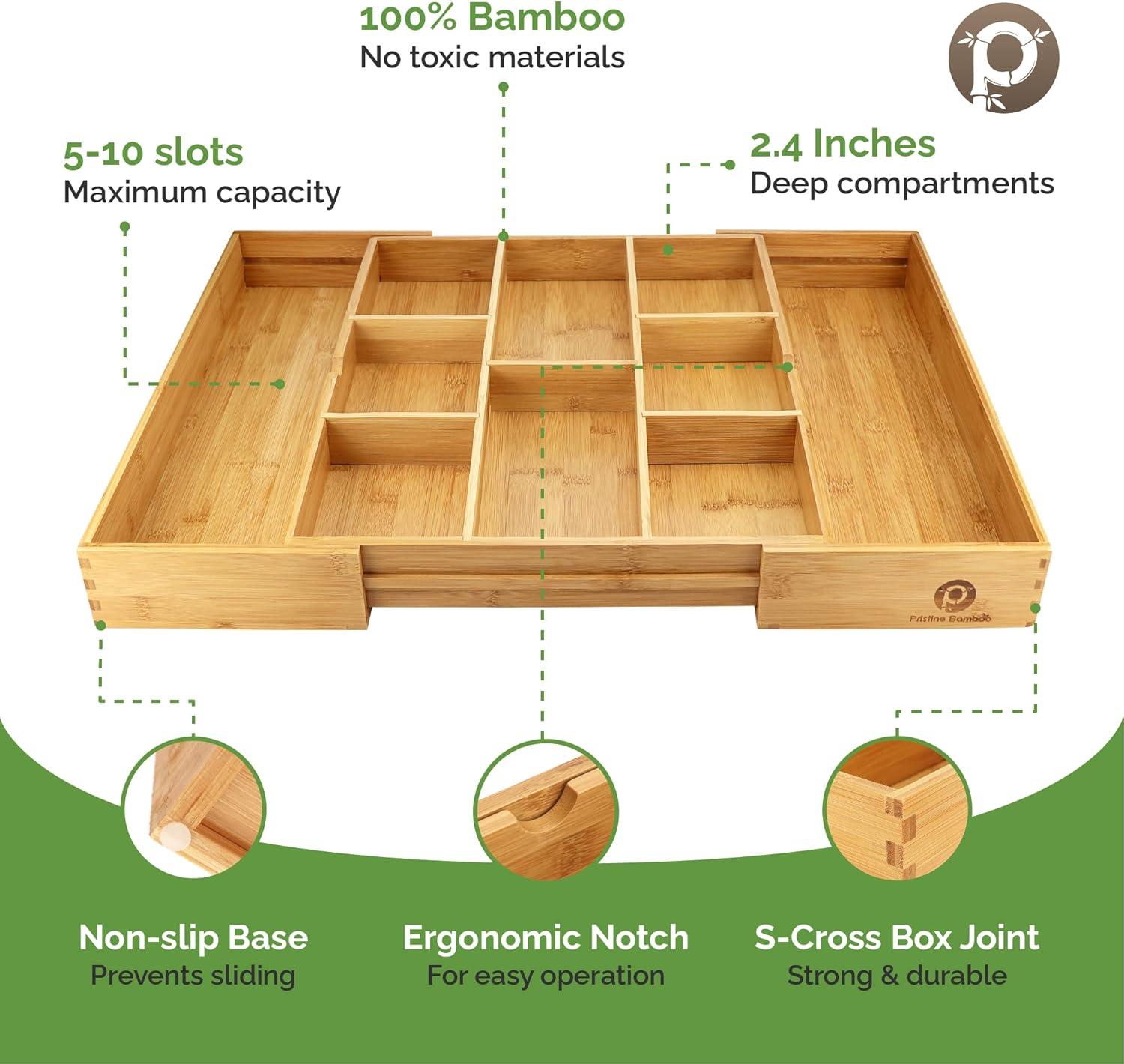 Expandable Bamboo Kitchen Drawer Organizer with 10 Compartments