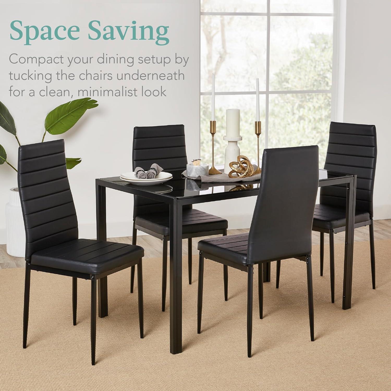 Black Glass Top Dining Table Set with Faux Leather Chairs