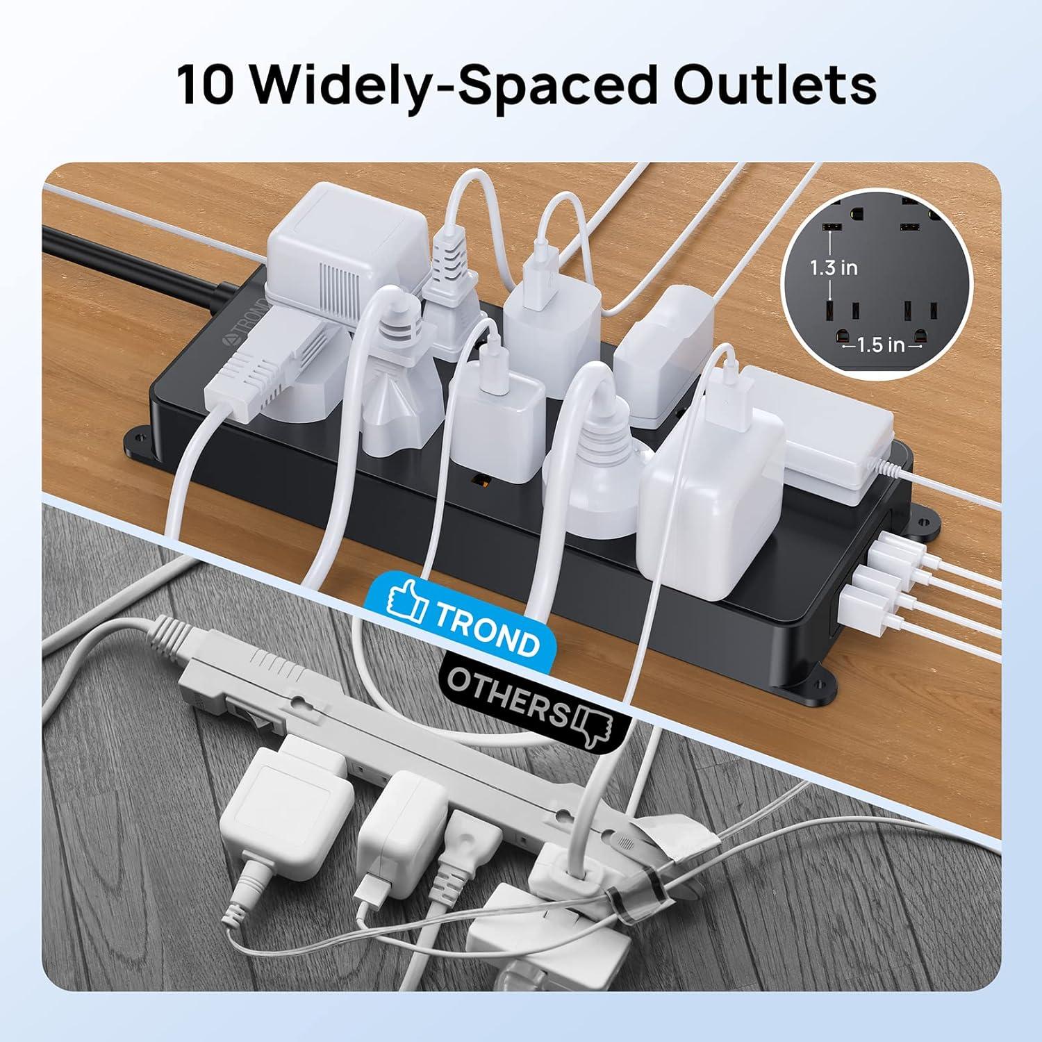 Black 10-Outlet Power Strip with USB Ports and Surge Protection