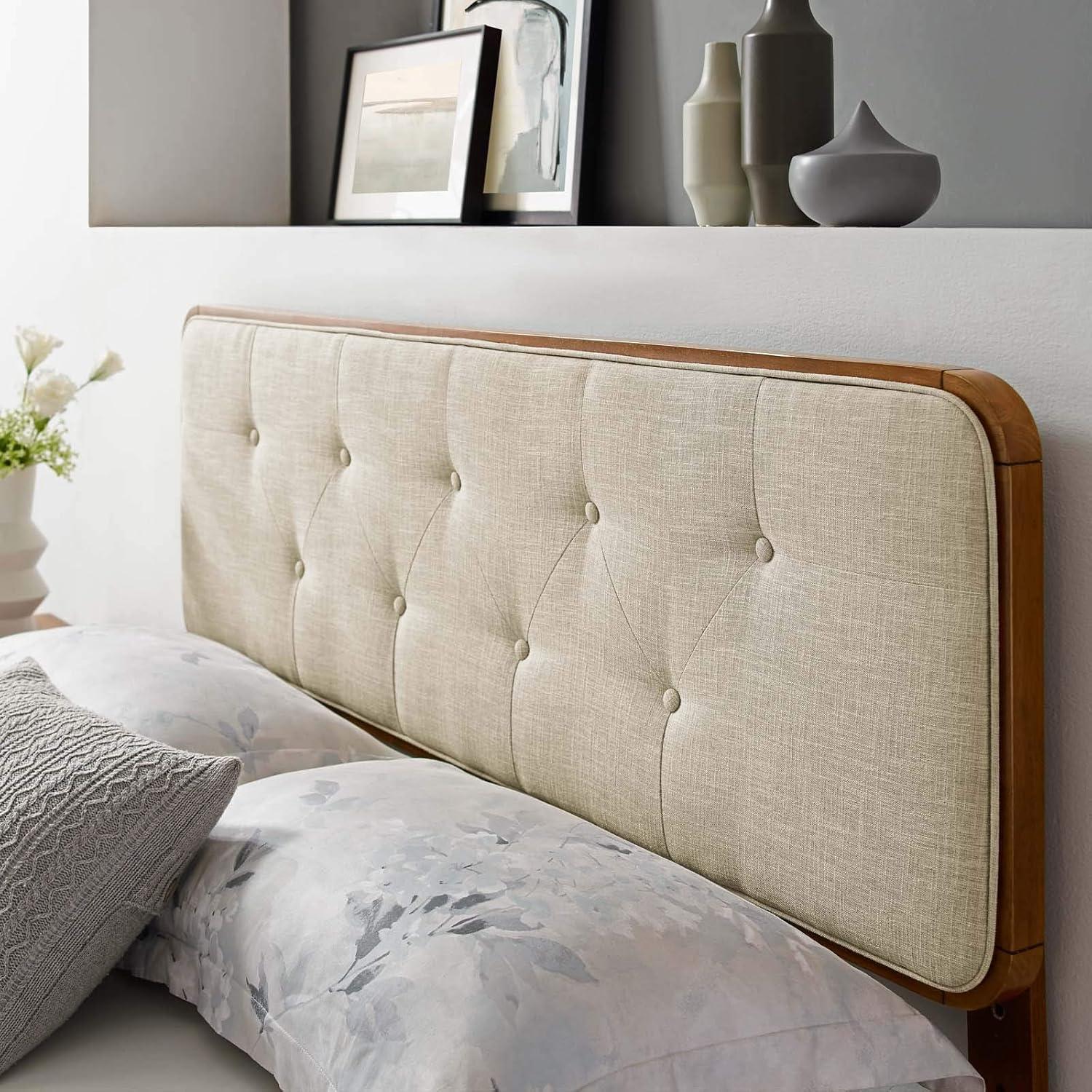 Walnut Beige Tufted Fabric Queen Headboard with Mid-Century Charm