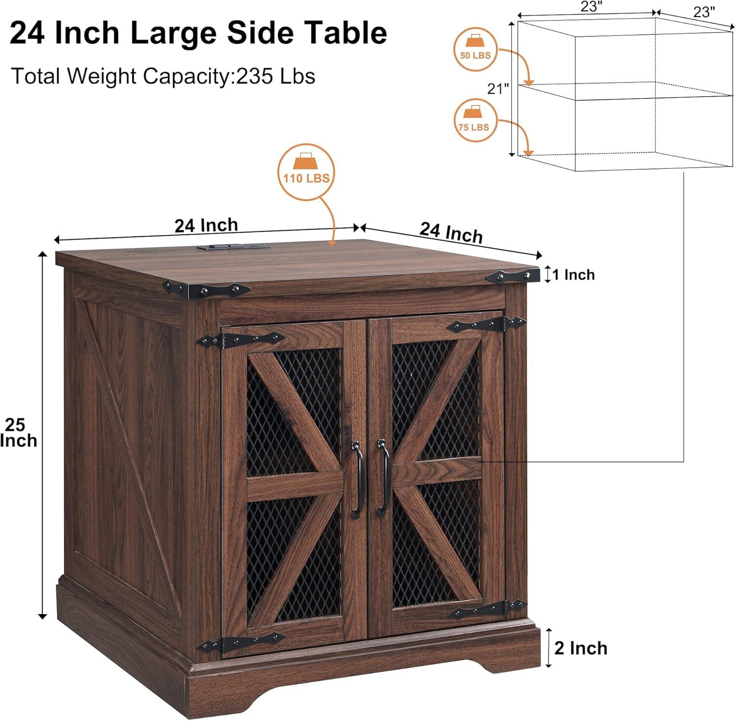 Farmhouse End Table, 24" Large Sofa Side Table with Charging Station, Mesh Barn Door, and Adjustable Storage Shelf, Rustic Wood Square Nightstand for Living Room, Bedroom, Office, Brown