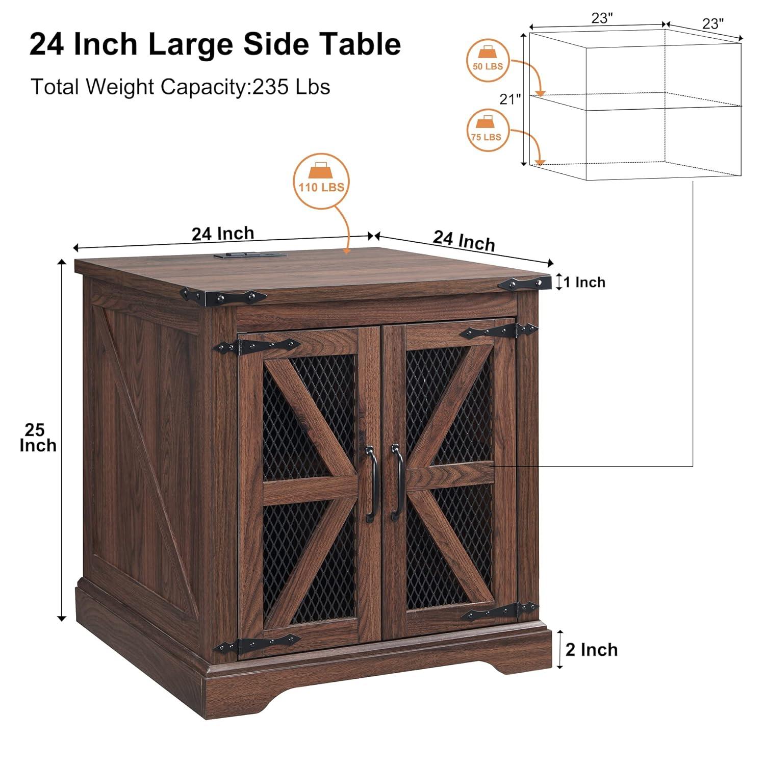 Farmhouse End Table, 24" Large Sofa Side Table with Charging Station, Mesh Barn Door, and Adjustable Storage Shelf, Rustic Wood Square Nightstand for Living Room, Bedroom, Office, Brown
