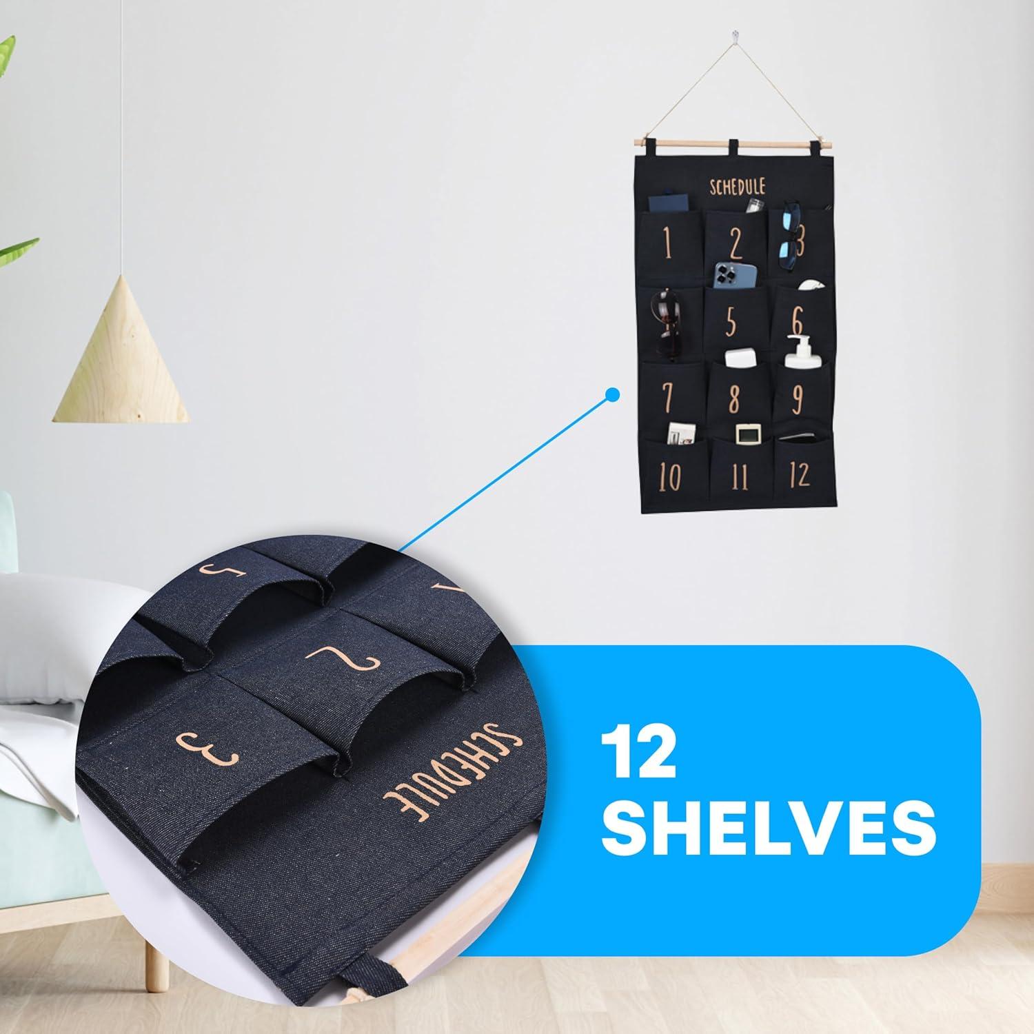 Bins & Things Hanging Organizer - 2x28x15-Inch Wall Fabric Hanging Organizer with 12 Compartments - Aesthetic Organizer Hang Over The Door - Closet Hanging Storage Pockets and Pouch Canvas Bag