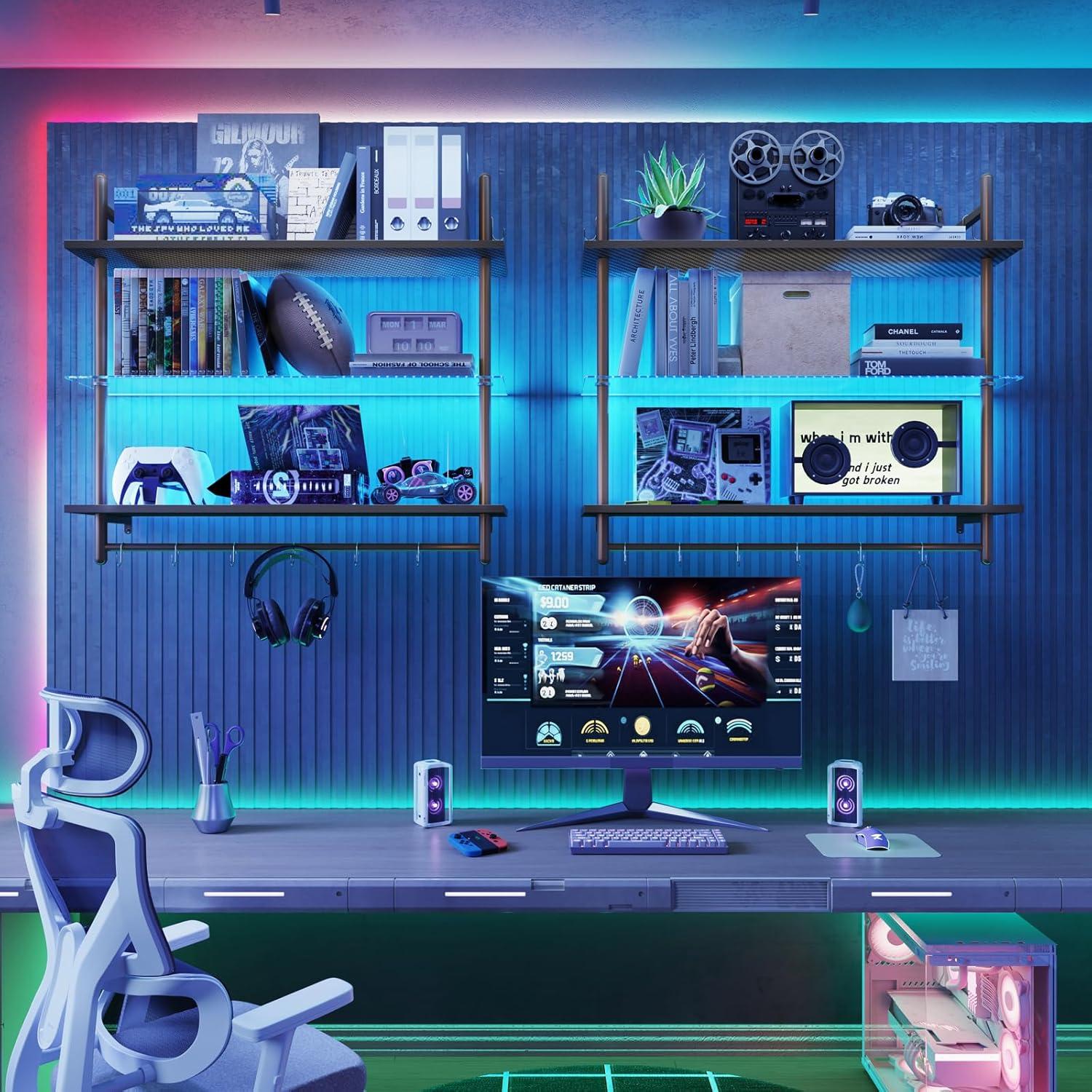 Bestier Gaming LED Floating Shelves for Wall, 41" Wall Mounted Shelf Pipe Glass Shelves, 3 Tier Hanging Display Rack with 8 S-Hooks Towel Bar, Kitchen Gaming Room Wall Decor, Carbon Fiber Black