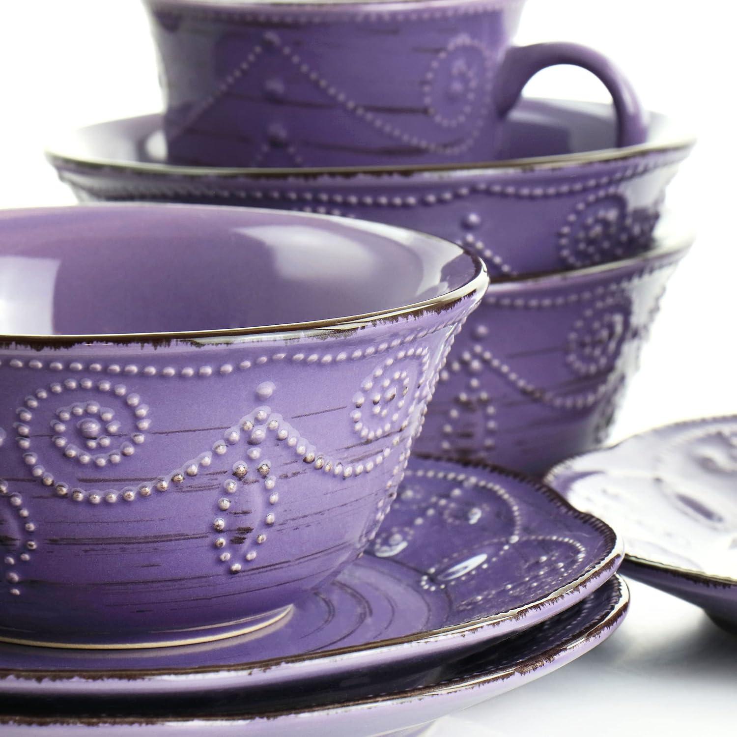 Elama Rustic Birch 16 Piece Stoneware Dinnerware Set in Purple