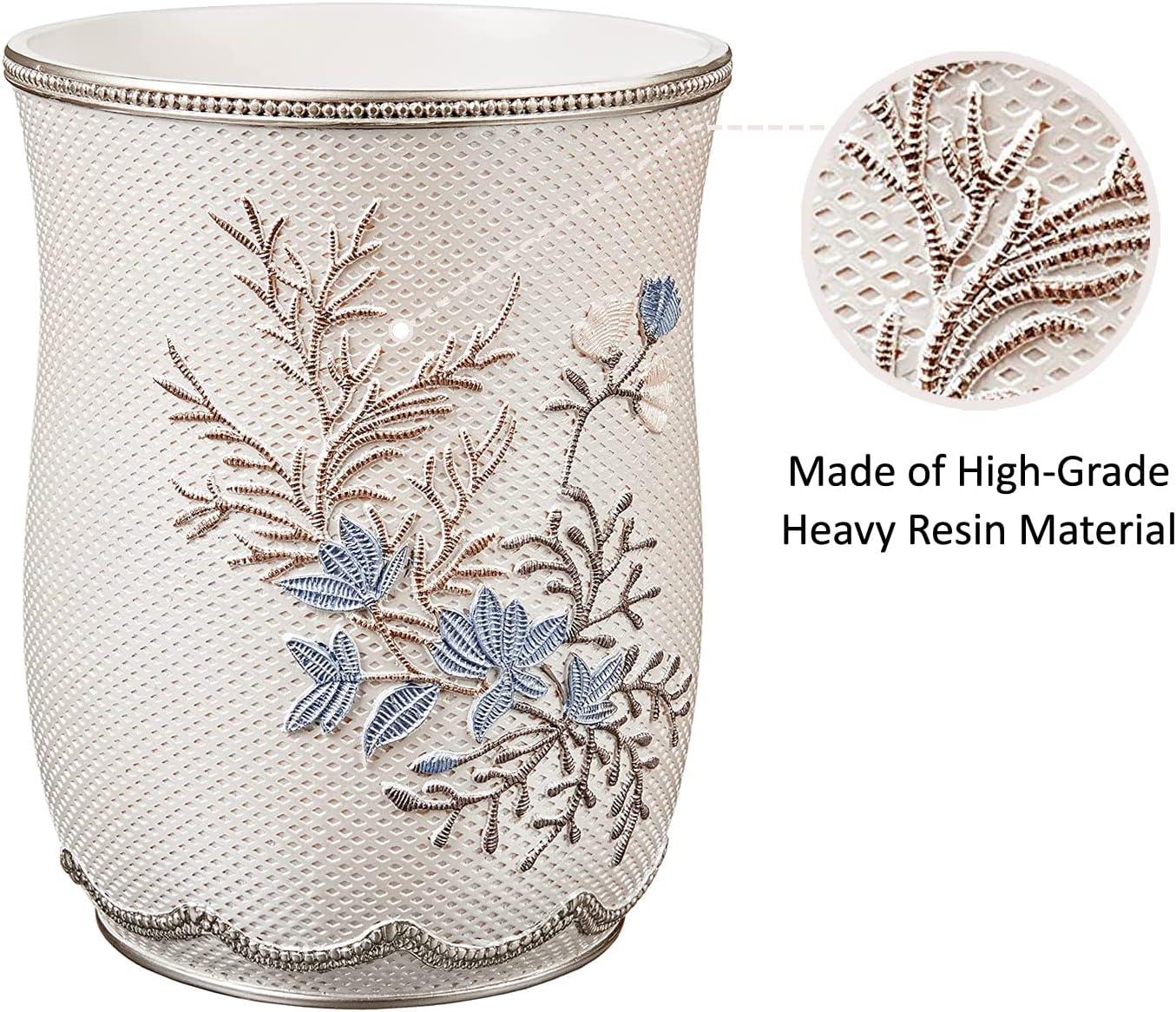 Beige Floral Embossed Resin Bathroom Waste Basket