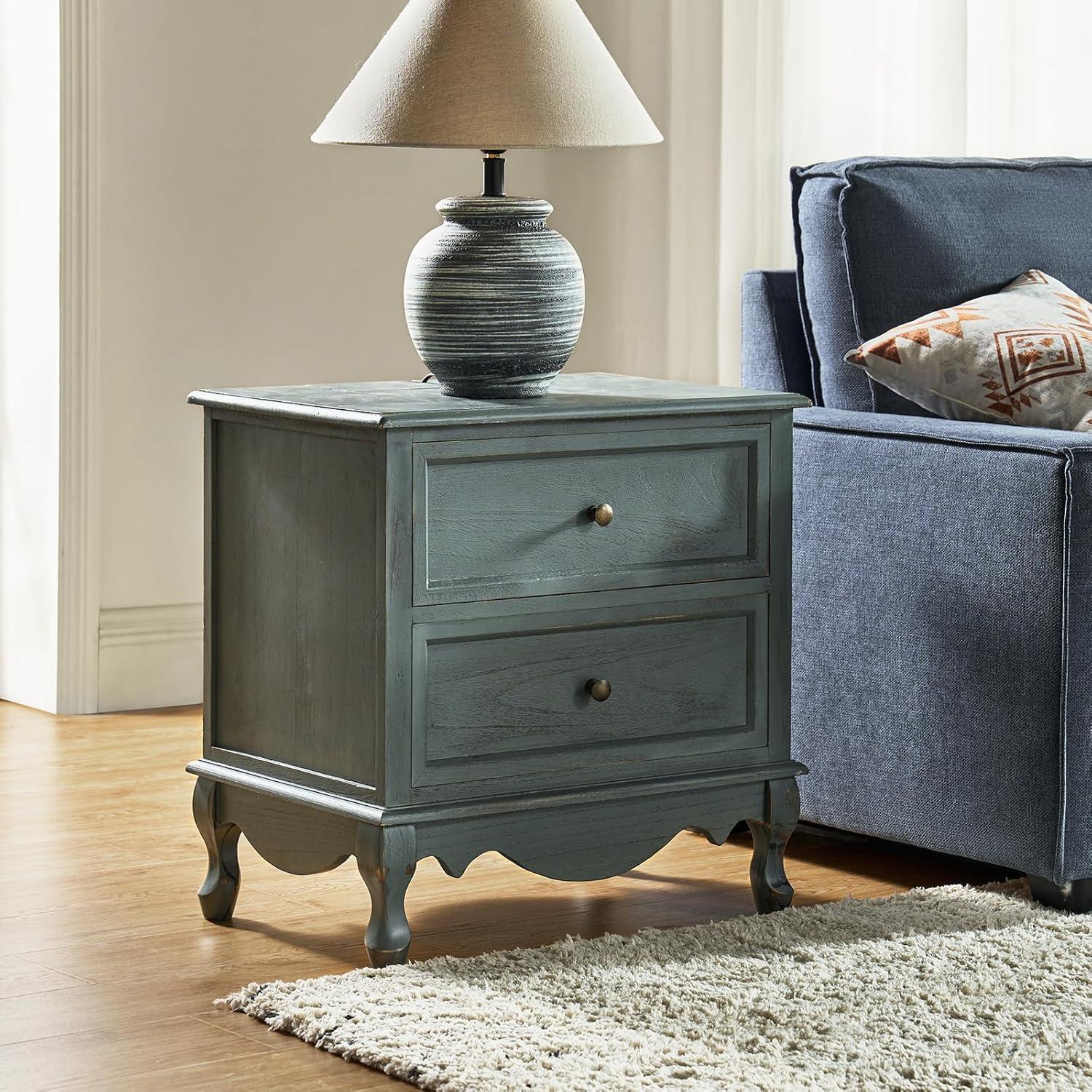 Blue Solid Wood 2-Drawer Nightstands with Metal Handles
