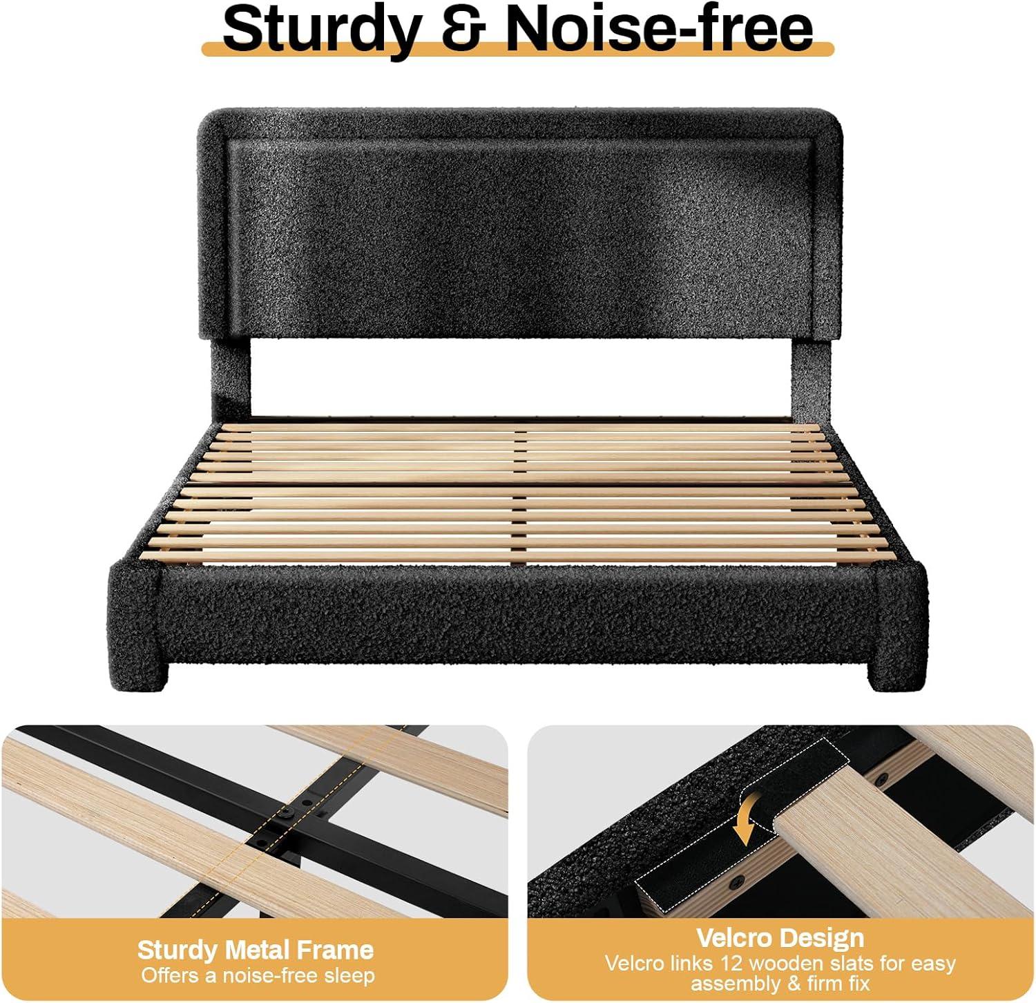 Queen Size Boucle Bed Frame, Upholstered Cloud Bed Frame with Adjustable Headboard, Soft Rounded Corners, No Box Spring Required, Easy Assembly, Black