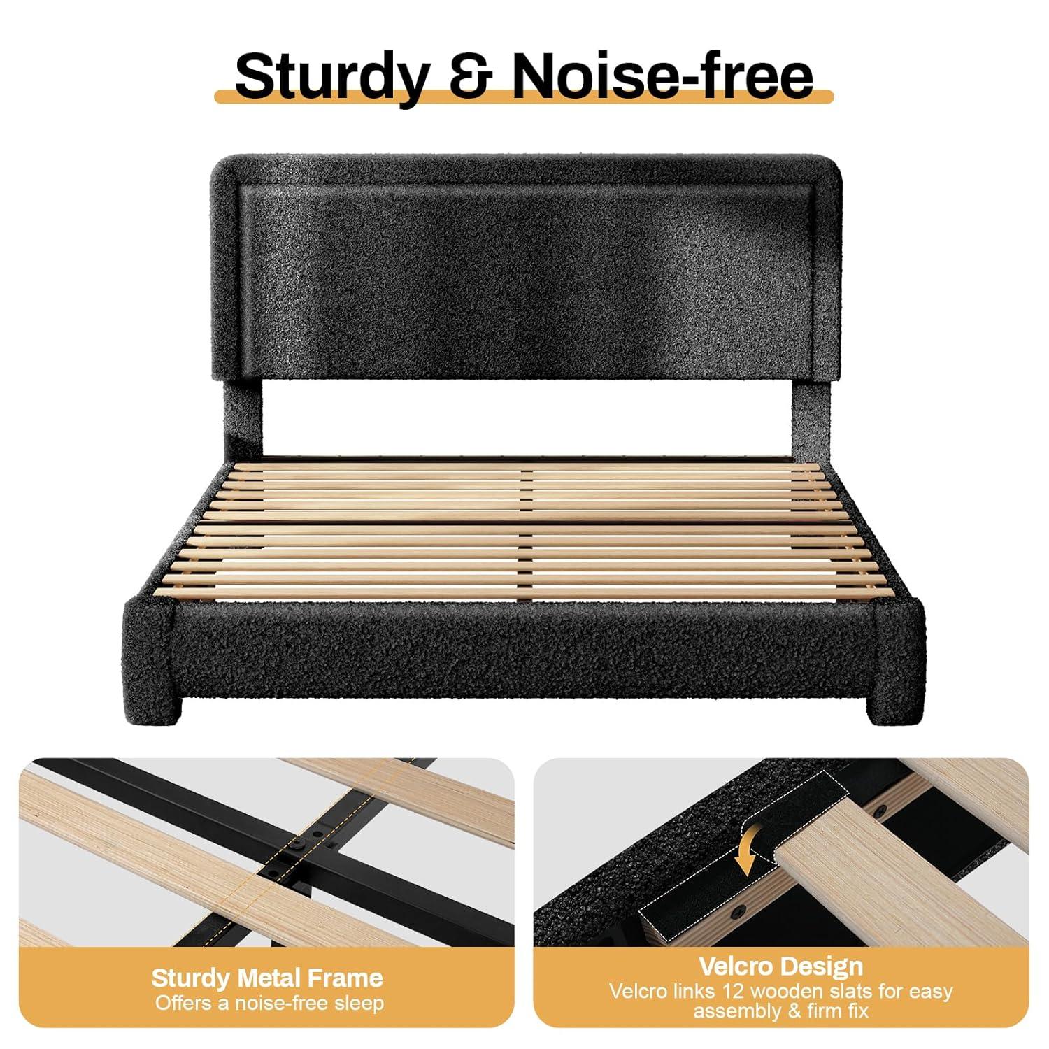 Queen Size Boucle Bed Frame, Upholstered Cloud Bed Frame with Adjustable Headboard, Soft Rounded Corners, No Box Spring Required, Easy Assembly, Black
