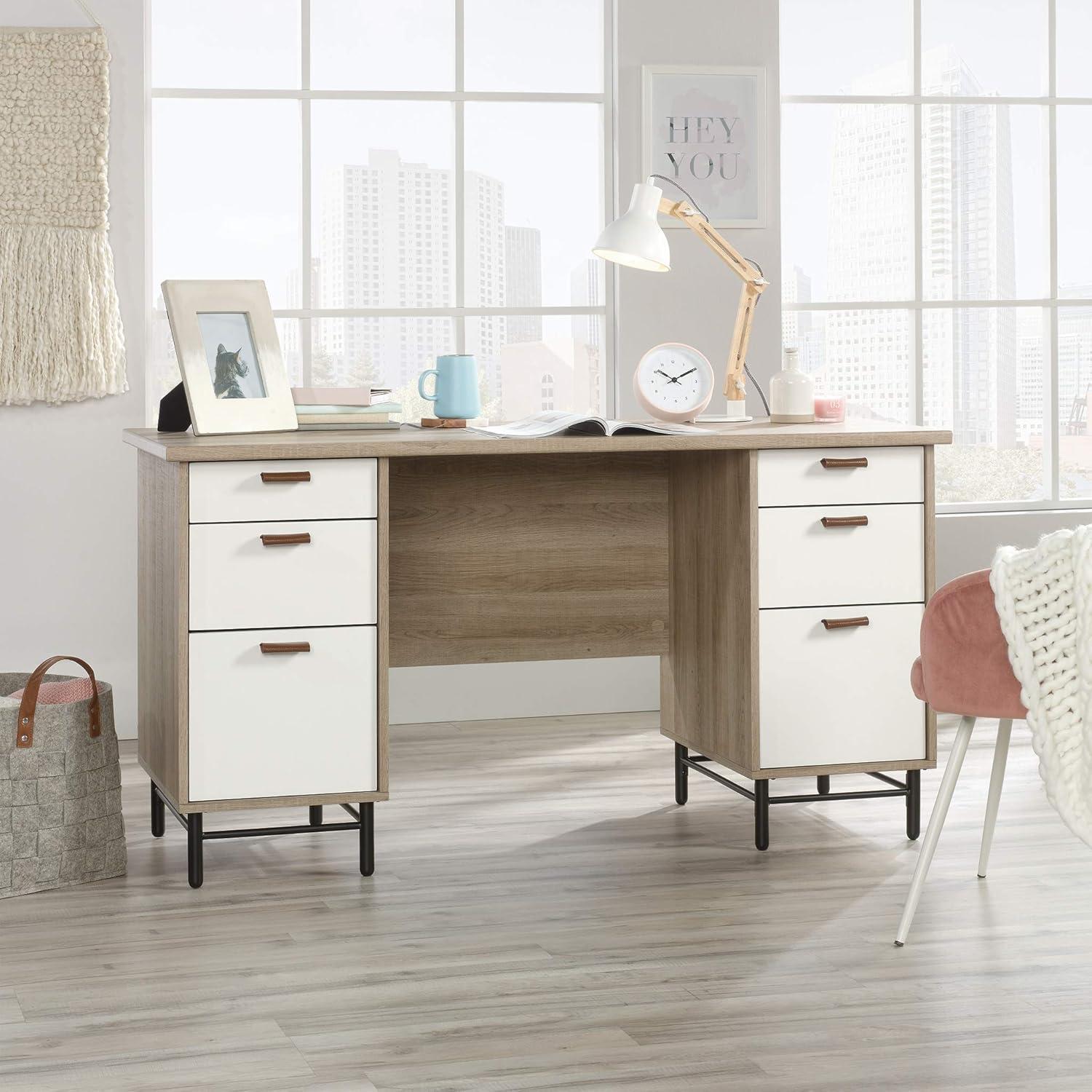 Sauder Anda Norr Engineered Wood Executive Desk in Sky Oak and White
