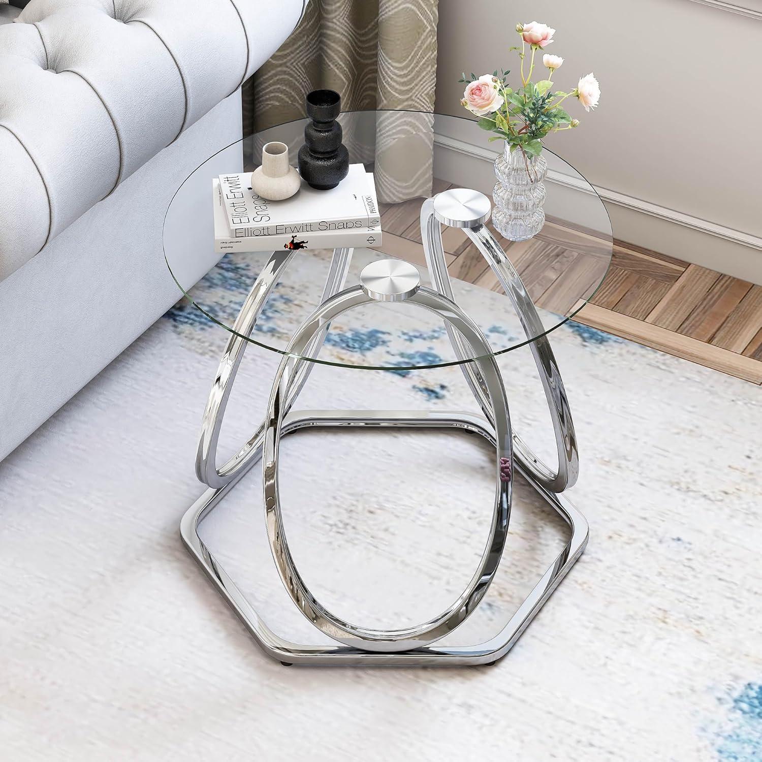 FURNITURE Silver Glass End Table for Living Room, Glass Side Table for Bedroom, Modern Round Glass Nightstand with Metal Frames for Home Office, Chrome Finish, 1 PC