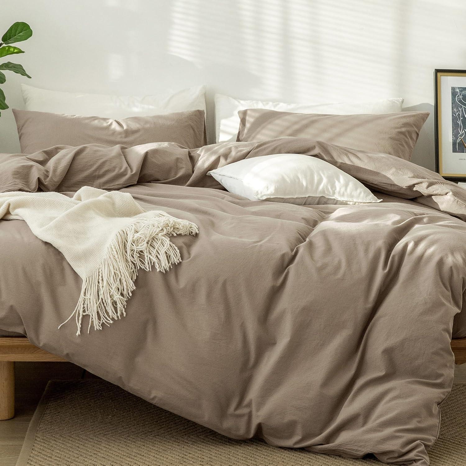MooMee Washed Cotton Duvet Cover Set Linen Like Textured Breathable 3-Piece (Brown, Queen)