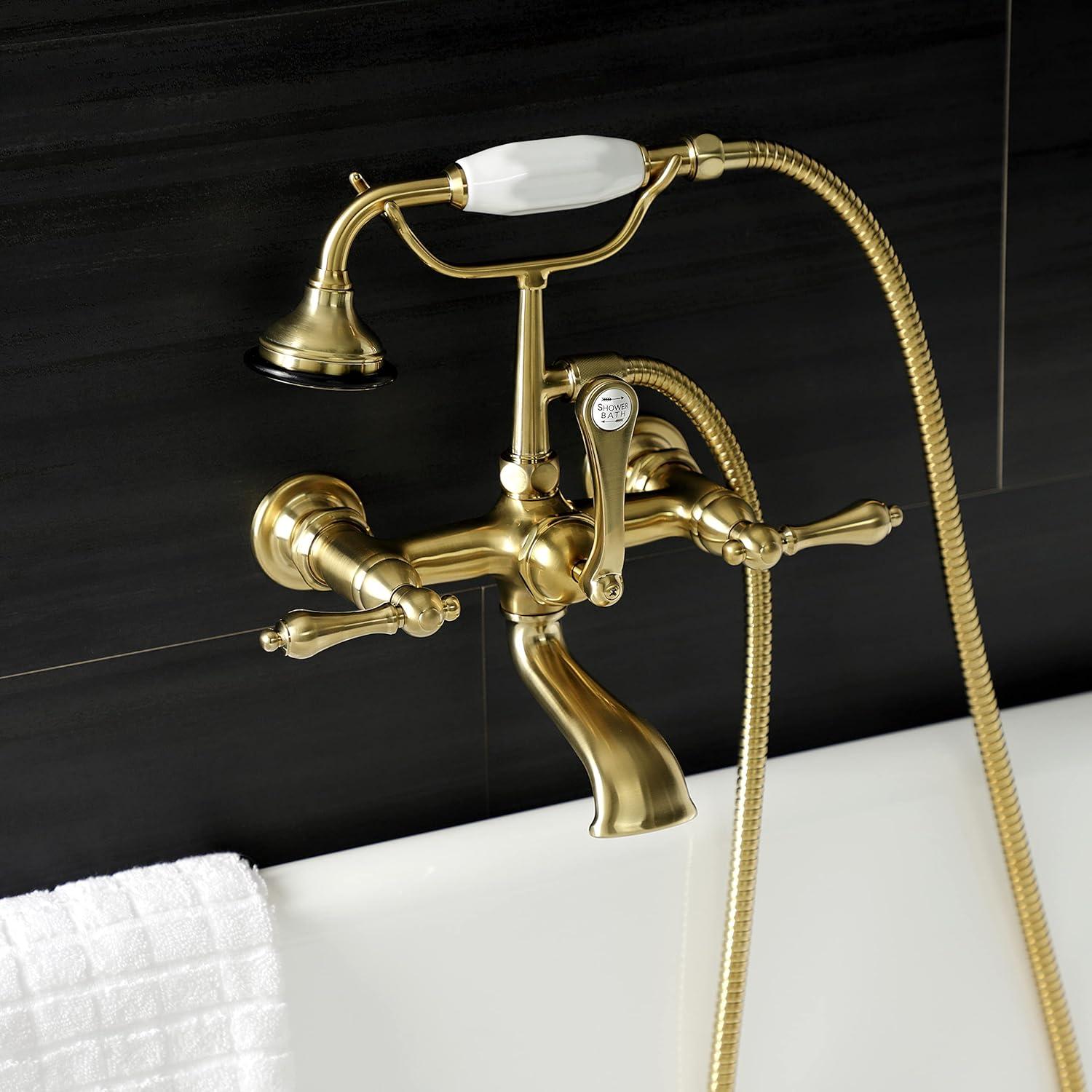 Brushed Brass Wall Mount Clawfoot Tub Faucet with Hand Shower